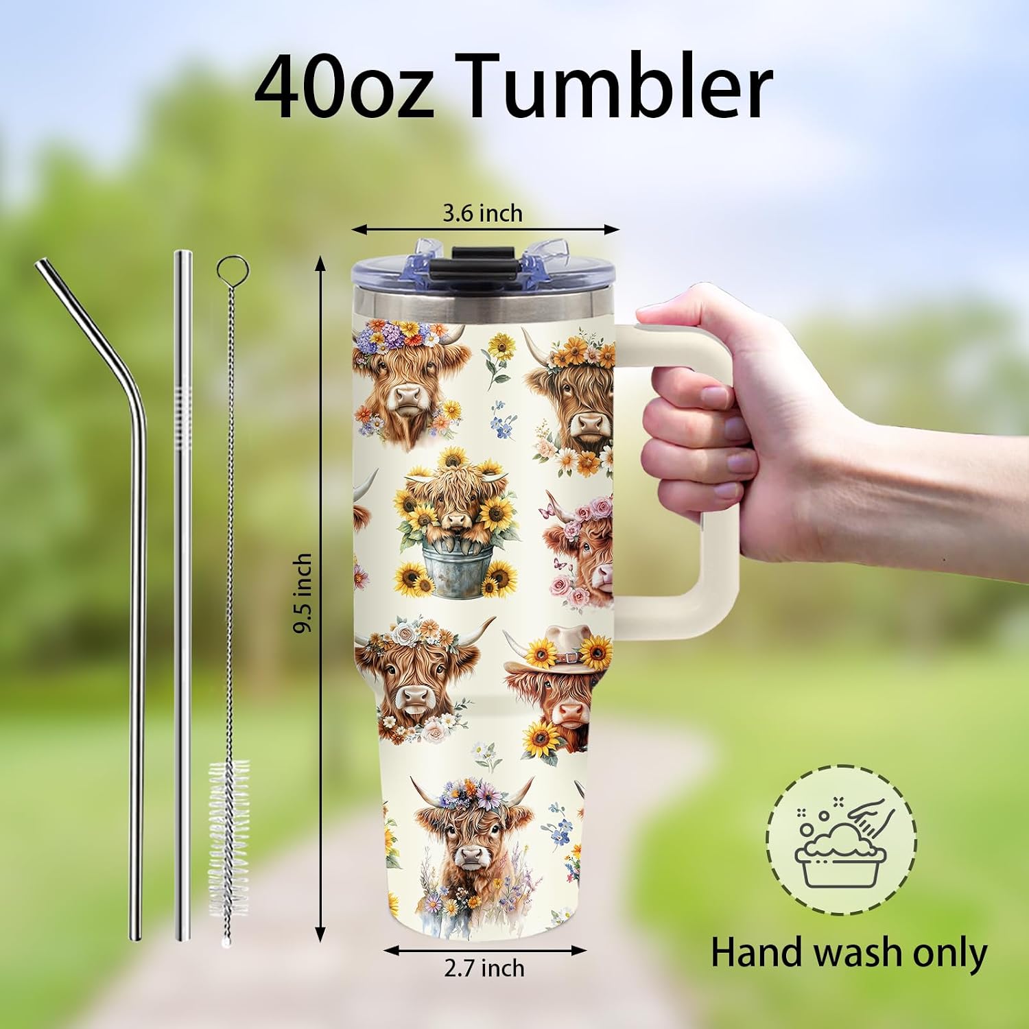 Highland Cow Gifts - Yak Tumbler 40oz with Handle and Straws, Leak-proof, Stainless Steel Insulated Coffee Mugs for Western Farm Lovers Cups, Highland Cows Drinking Water Bottle