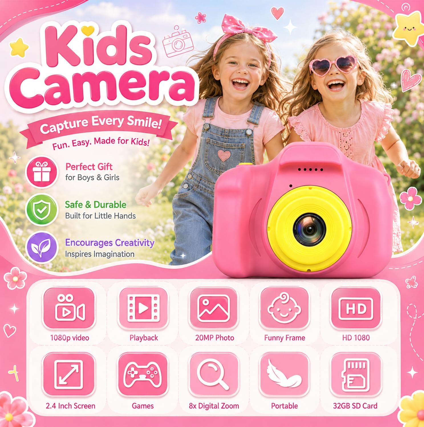 Kids Camera for Girls Age 3-10, Pink Kids Digital Camera with 1080P Video, 8MP Photo, 32GB Card, Lanyard, Toy Camera Birthday for Girls Boys Ages 3 4 5 6 7 8