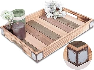 Wood Rustic Decorative Serving Tray with Rustic Metal Corner  Farmhouse Decorati - Compare price
