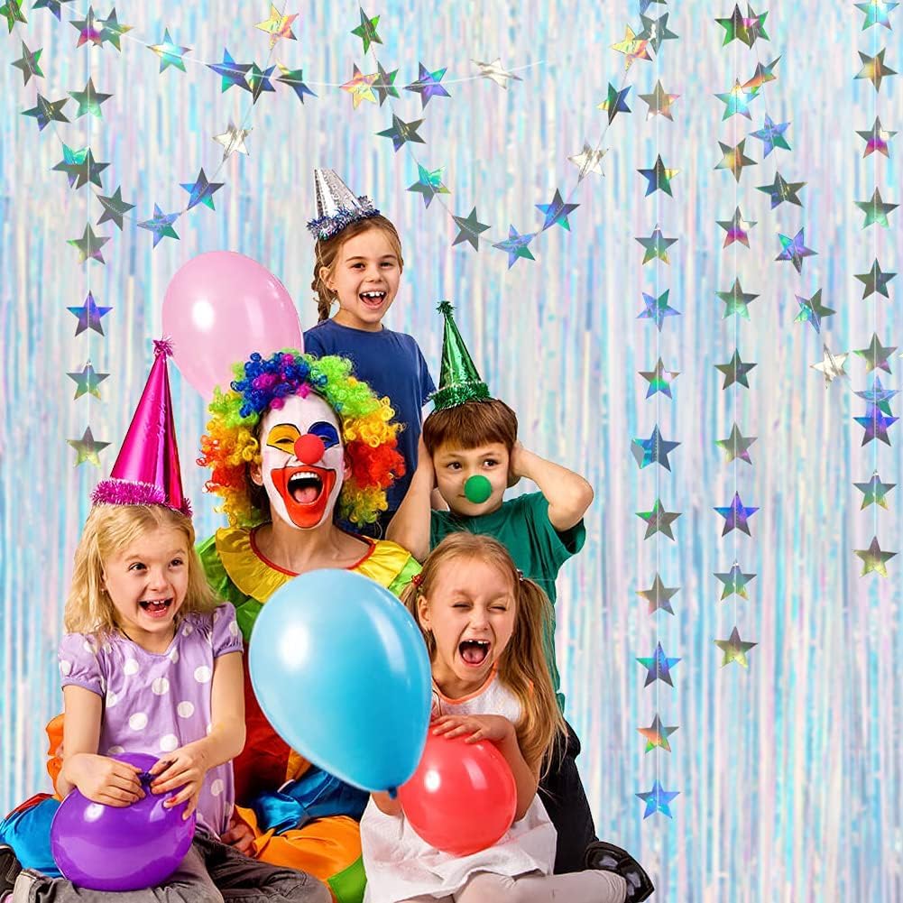 Cheerland Iridescent Party Decorations Holographic Tinsel Backdrop Sparkle Star Streamers Glitter Birthday Decoration Galaxy Celestial Theme Graduation New Year Christmas Sparkle Streamer Decor
