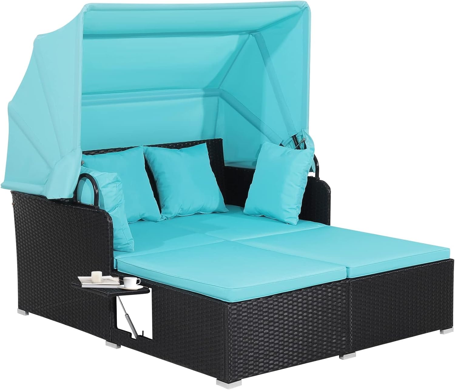 Outdoor Rattan Daybed w/Canopy, Patio Loveseat Sofa Set w/Comfortable Cushions Extra Pillows & Metal Foot, Sunbed Wicker Furniture for Yard/Poolside/Living Room/Garden/Porch, Turquoise