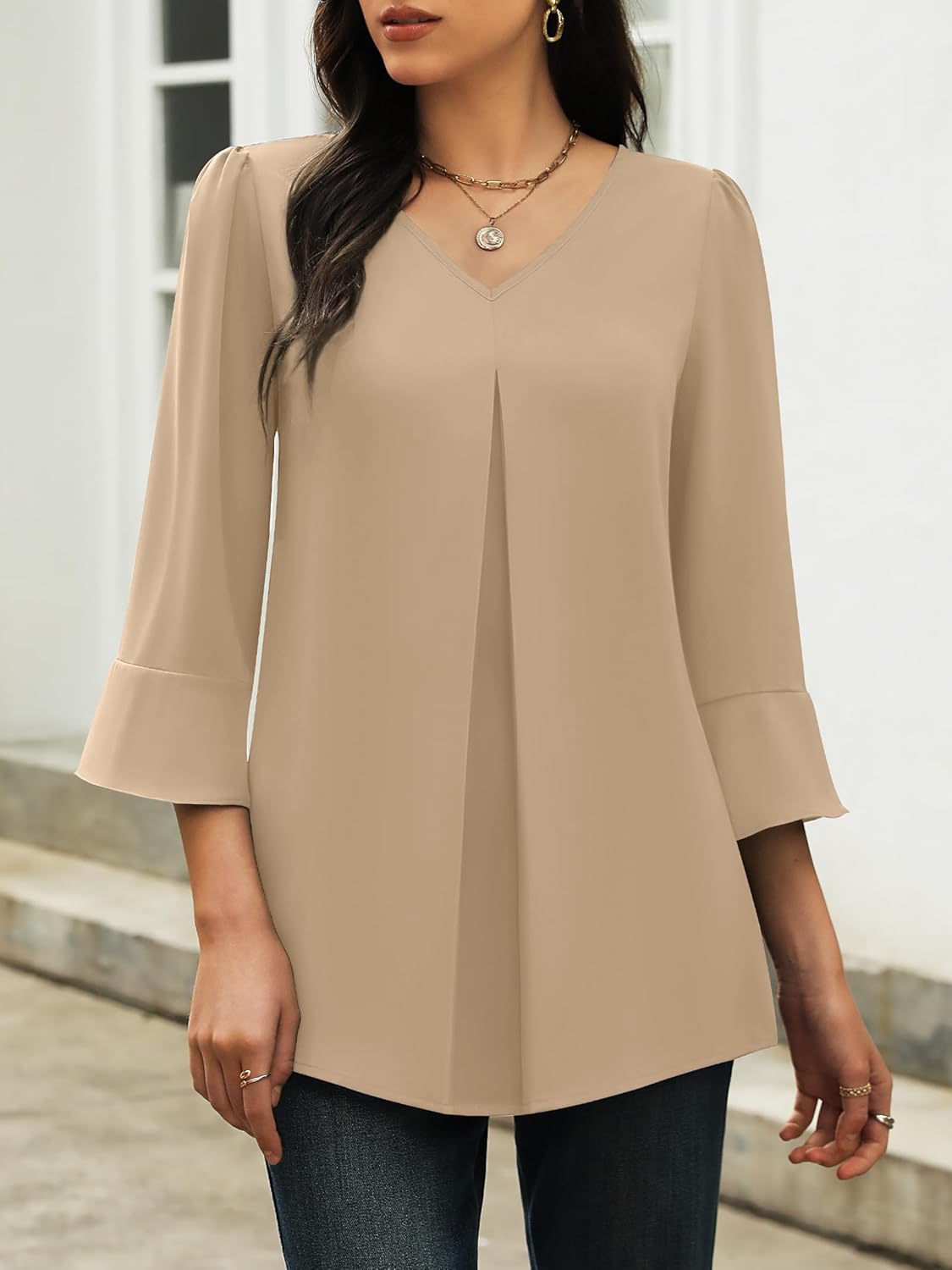 Funlingo Womens 3/4 Length Sleeve Tops Dressy Casual V Neck Business Chiffon Blouses Pleated Trendy Work Shirts - Image 2
