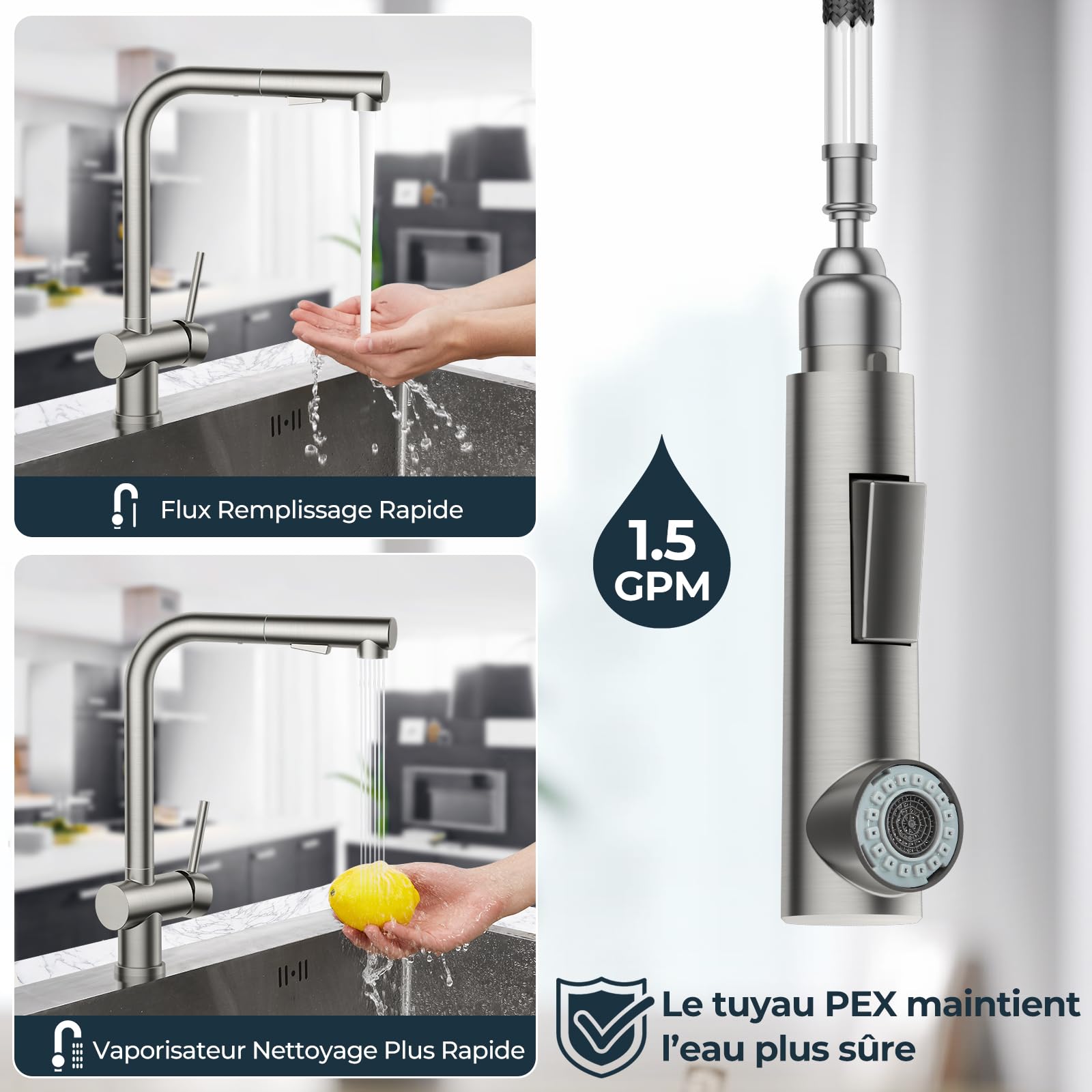 FORIOUS Robinet Cuisine, Mitigeur Cuisine avec Douchette Extractible, Pivotant à 360°et Double Pulvérisation, Acier Inoxydable
