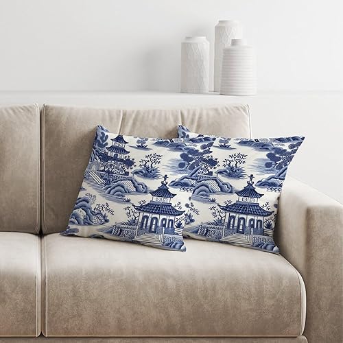 Miniatura 4 de Nanjing - Juego de 2 fundas de almohada asiáticas de pagoda china azul y blanca de 20 x 20 pulgadas, fundas de almohada decorativas rústicas con