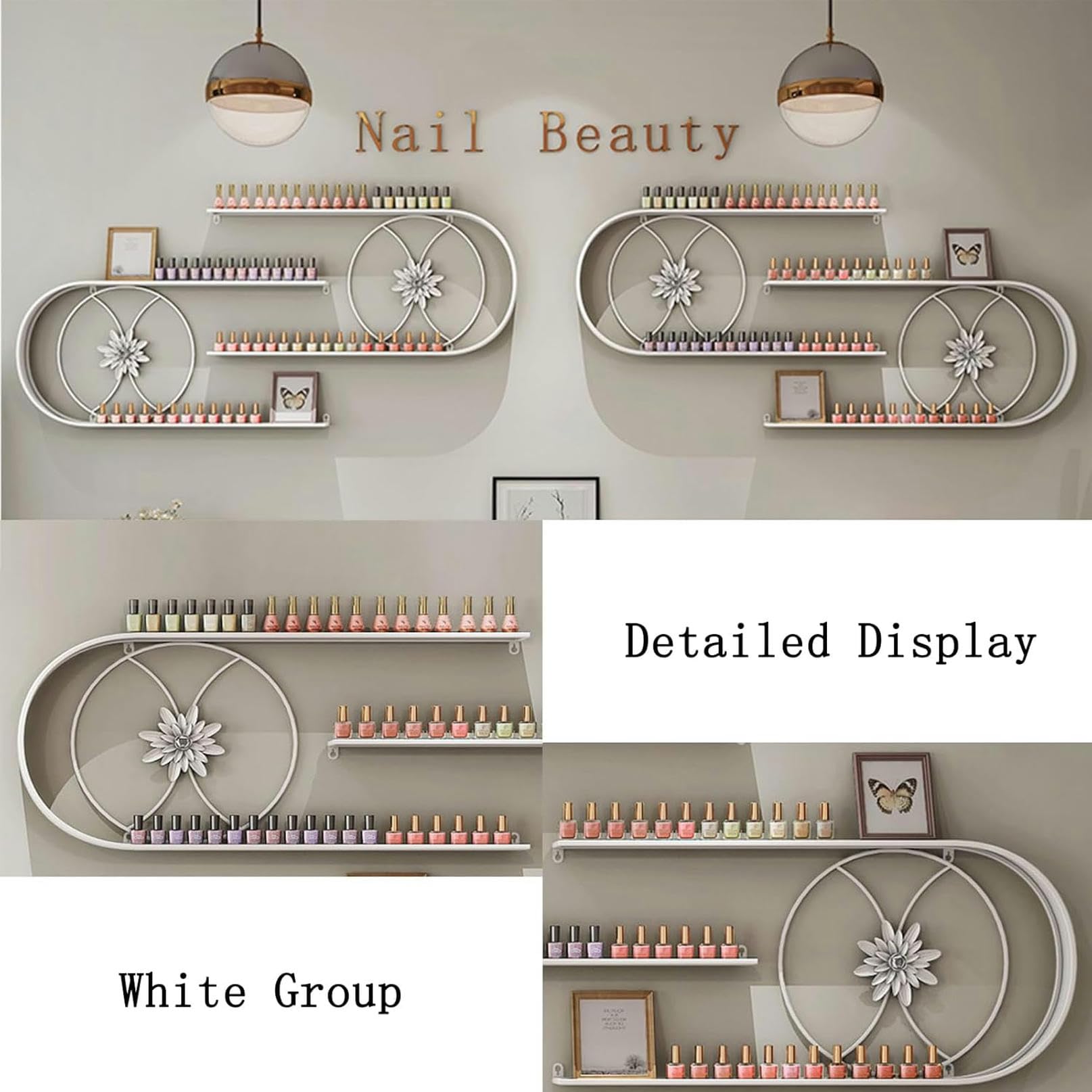 Porta smalti da Parete in Metallo, Elegante espositore per Cosmetici a Forma di U, Organizer per flaconi di Oli Essenziali da Salone (Bianco)