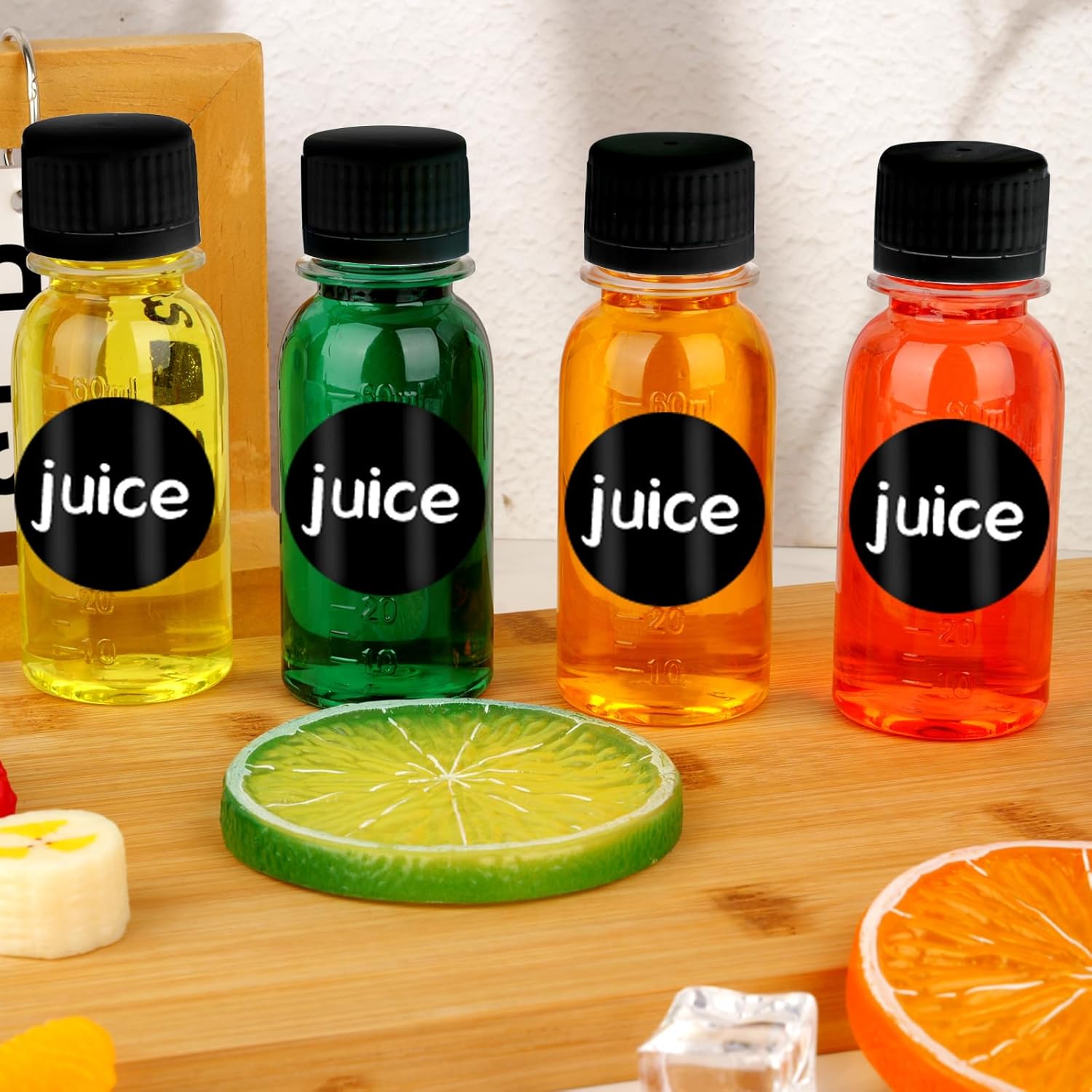 100 Pcs 2oz Plastic Shot Bottles with Caps, Small Clear Ginger Shots Bottles with Labels Travel Bottles with lids Mini Juice Shot Bottle with scale for Juicing Smoothie Milk Whiskey Liquid, 4 Funnels