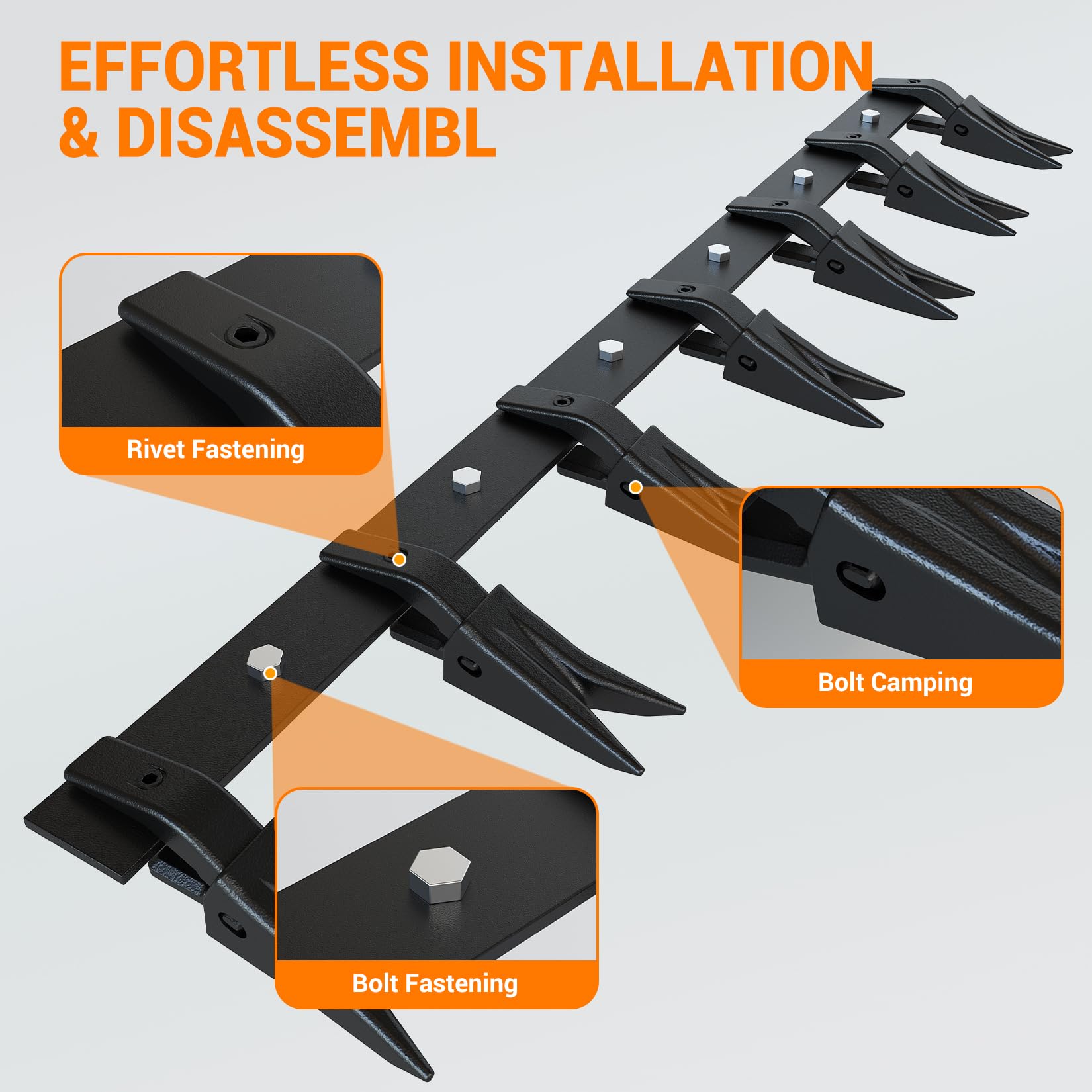Garvee Barre à dents robuste pour godet de tracteur sous-compact - Acier haute résistance - 6 dents - Installation sans perçage - Protection bord de coupe - Idéale pour chargeurs agricoles -Noir
