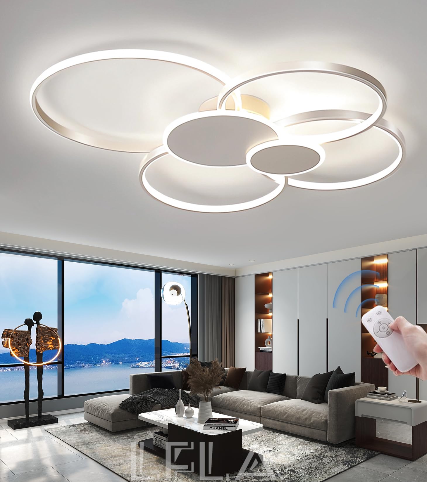 Dimmable LED Ceiling Lamp Living Room Modern Ceiling Lighting Creative 6-Ring Design Ceiling Light with Remote Control Interior Lighting Bedroom Dining Room Kitchen Light (White, 80cm,78W)
