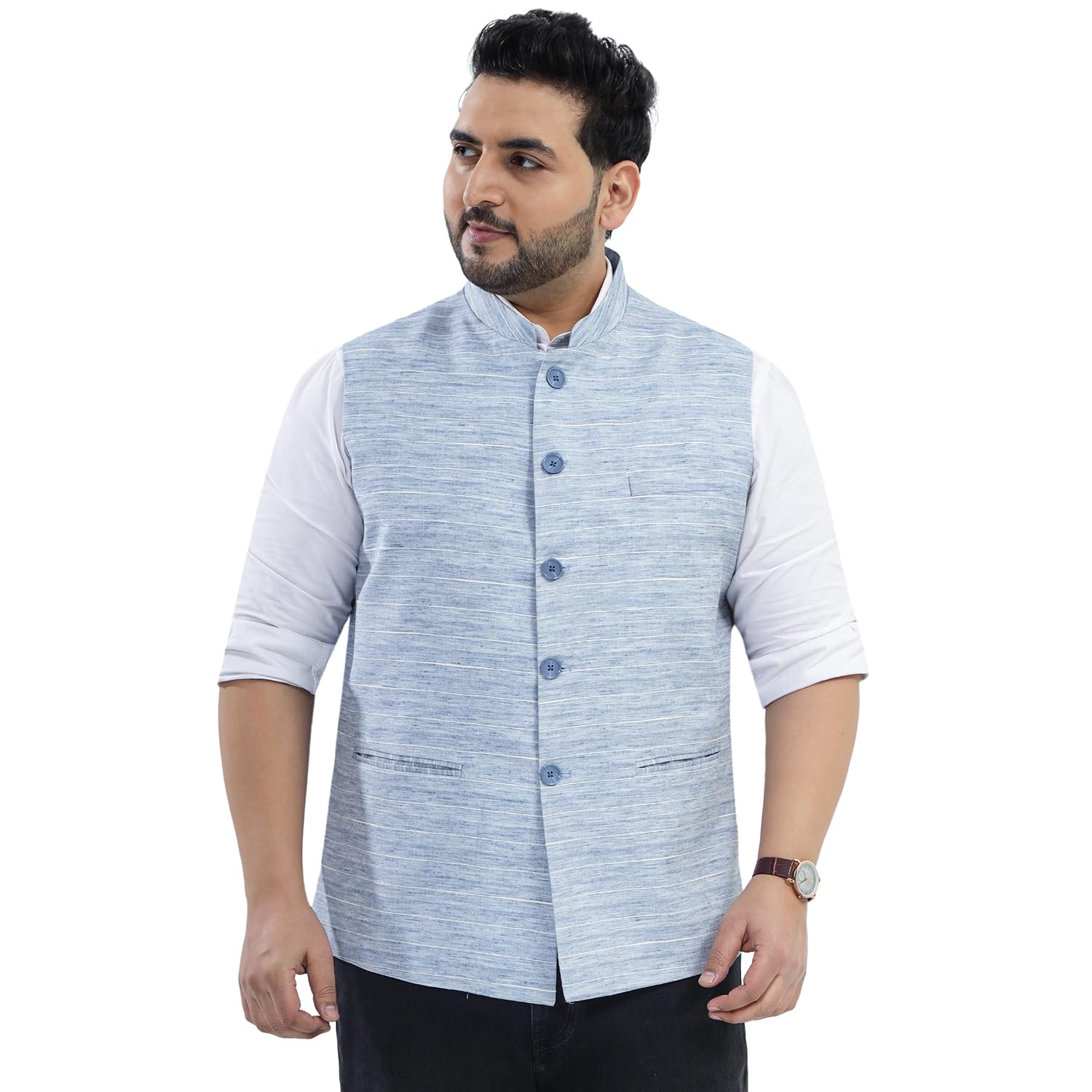 john pride Plus Size Men Regular Fit Striped Cotton Blend Blue Nehru Jacket (JPNJ7532_Blue)-picture-34