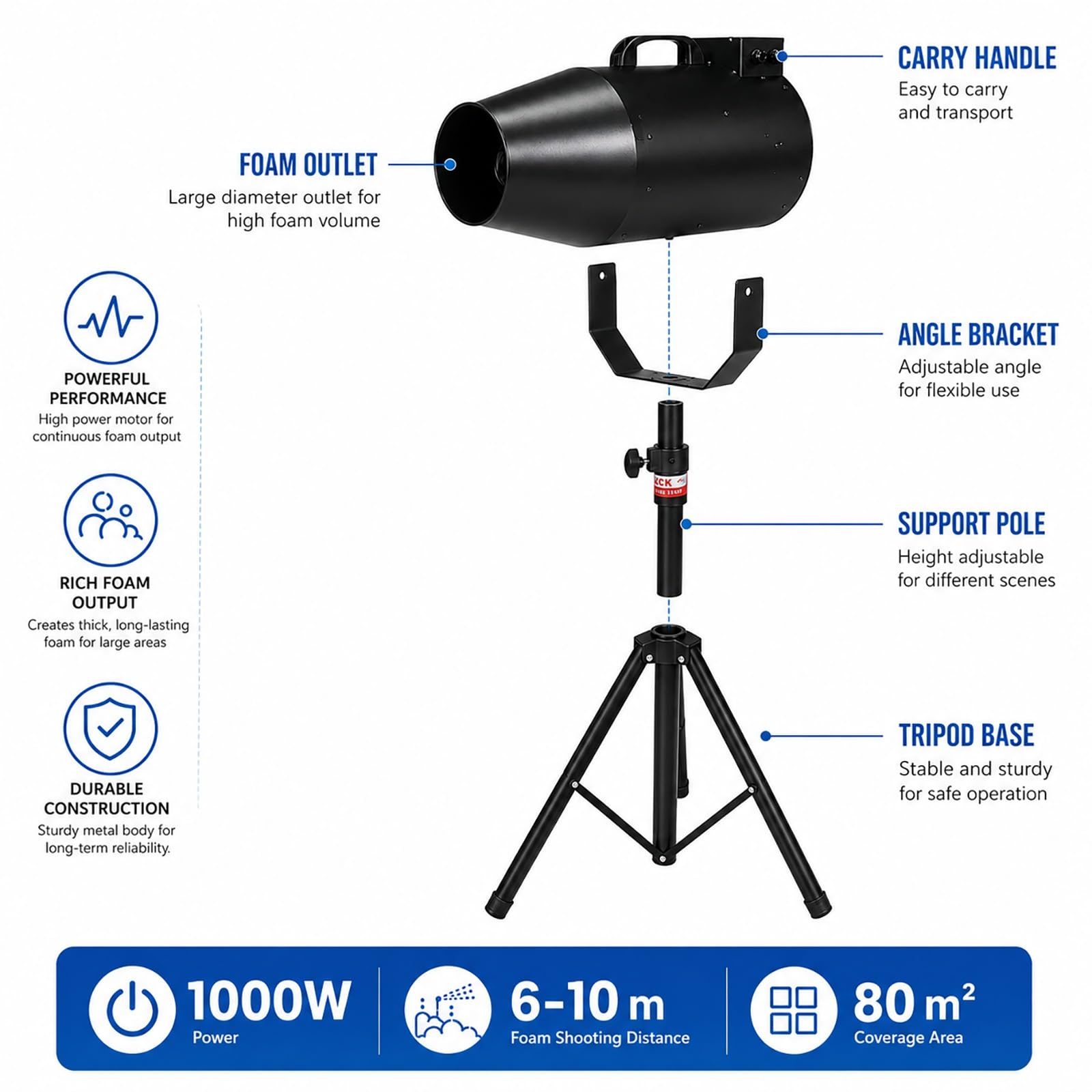 MáQuina Espuma for Escenarios 1000 W, Alcance 6-10 M/áRea De 80 M² Con TríPode Ajustable Generador Burbujas for Piscinas Al Aire Libre, CumpleañOs, Parques AcuáTicos Y Eventos(Yellow)