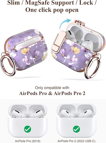 Miniatura 2 de TATOFY Funda para AirPods Pro de 2 generación con limpiador de mosquetón de bloqueo, funda rígida delgada para AirPod Pro de 1 y 2 generación,