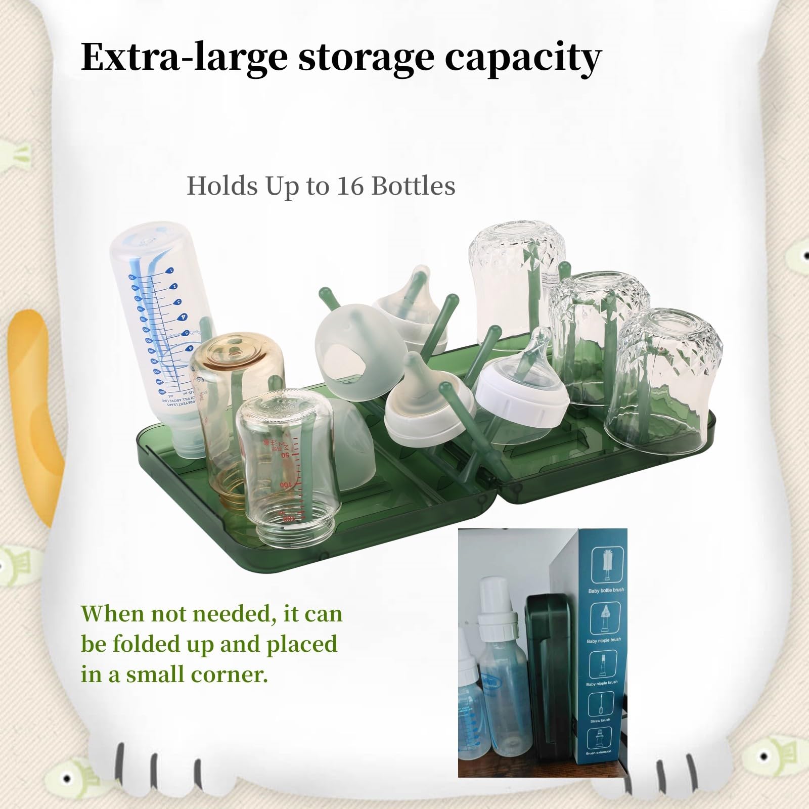 WHNL Space-Saving Foldable Baby Bottle Drying Rack,16 Ribs Portable & Multi-Purpose for Bottles, Breast Pumps & Feeding Accessories,Ideal for Daily Use 3