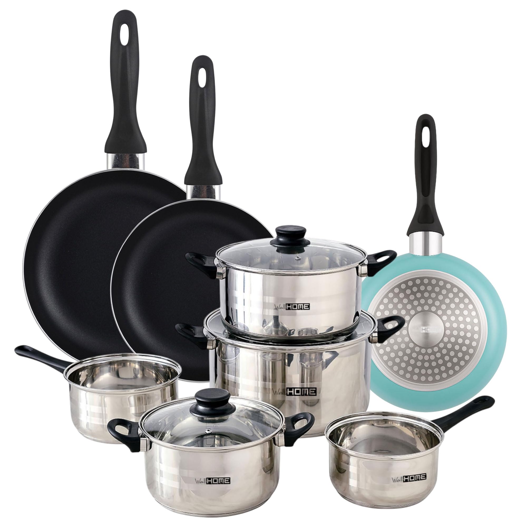 Urban Cook Set de Batería de cocina de 8pc en acero inoxidable + 3 Sartenes Ø16Ø20Ø24cm Azul mate en aluminio prensado