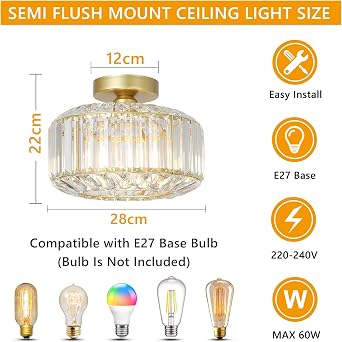Rayofly Modern Crystal Chandeliers, Gold Ceiling Light Fitting with Glass Lampshade, Semi Flush Lights for Living Room, Bedroom, Kitchen, Hallway, Bathroom [Energy Class D]