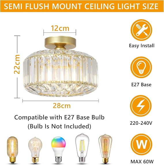 Rayofly Modern Crystal Chandeliers, Gold Ceiling Light Fitting with Glass Lampshade, Semi Flush Lights for Living Room, Bedroom, Kitchen, Hallway, Bathroom [Energy Class D]