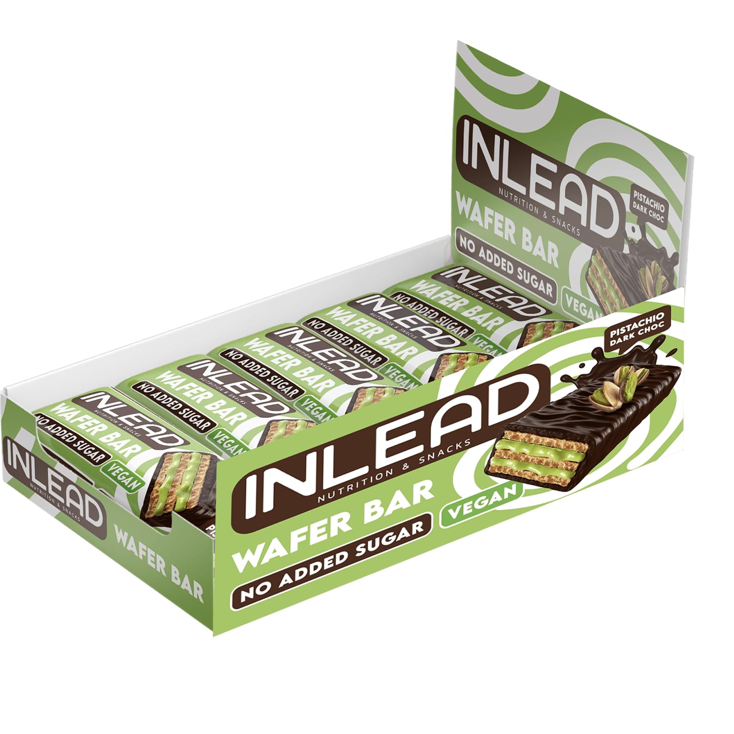 INLEAD - Wafer Bar | Knuspriger Waffelriegel mit zarter Milchschokolade | Ohne zugesetzten Zucker & Unvergleichlich Lecker - 15 x 45g (Pistachio - Pistazie)