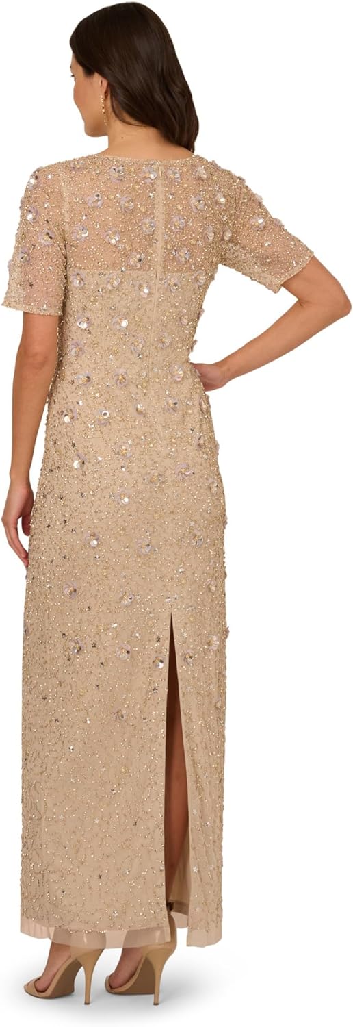 Adrianna Papell Women's Beaded Long 3D Floral Dress, Biscotti - Image 2