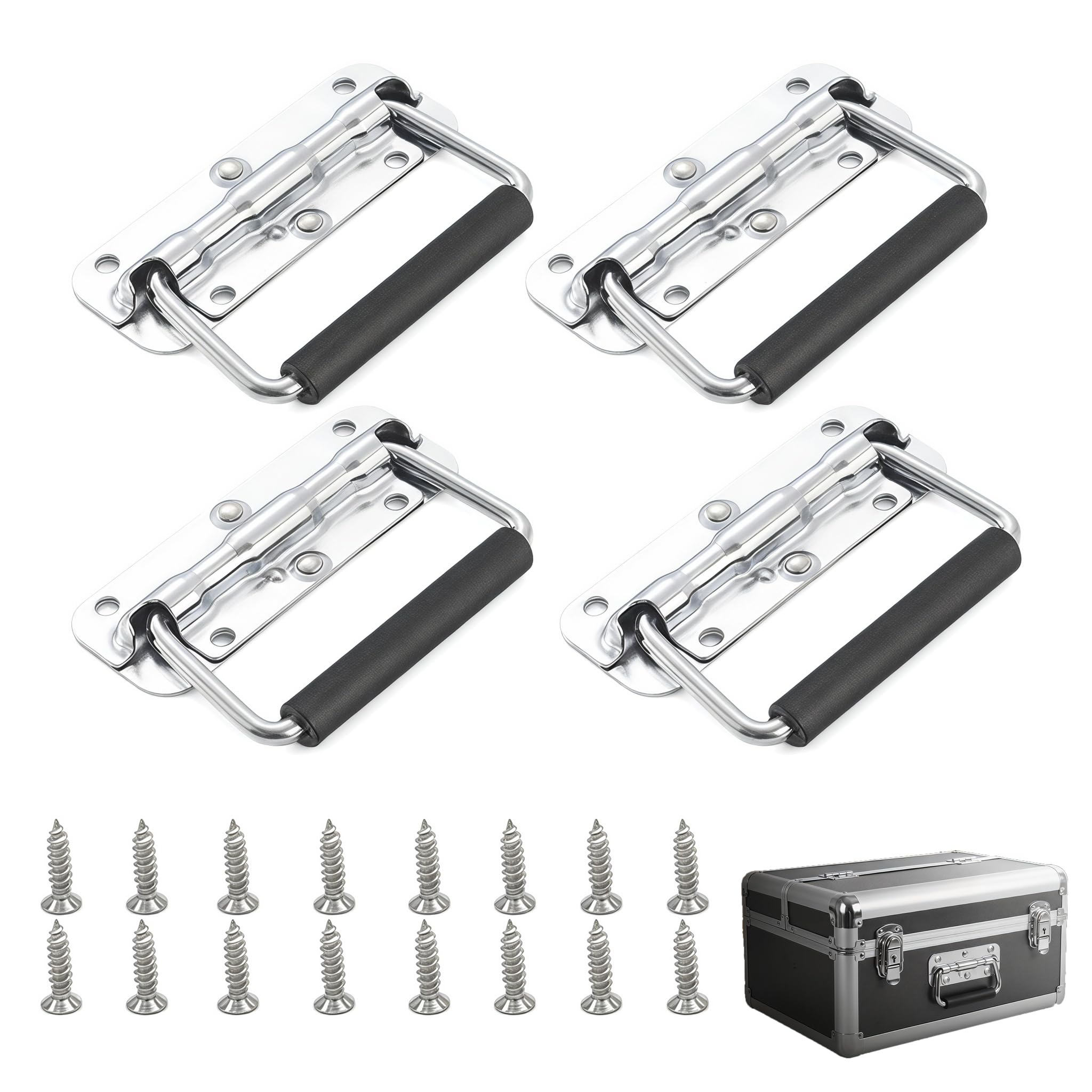 Lyyozwo Klappgriff, 4 Pcs Chest Handle, 4.33 x 2.99 inches Folding Handle with Rubber Grip 16 Iron Screws Carrying for Boxes Toolboxes Doors Storage Boxes (Silver)