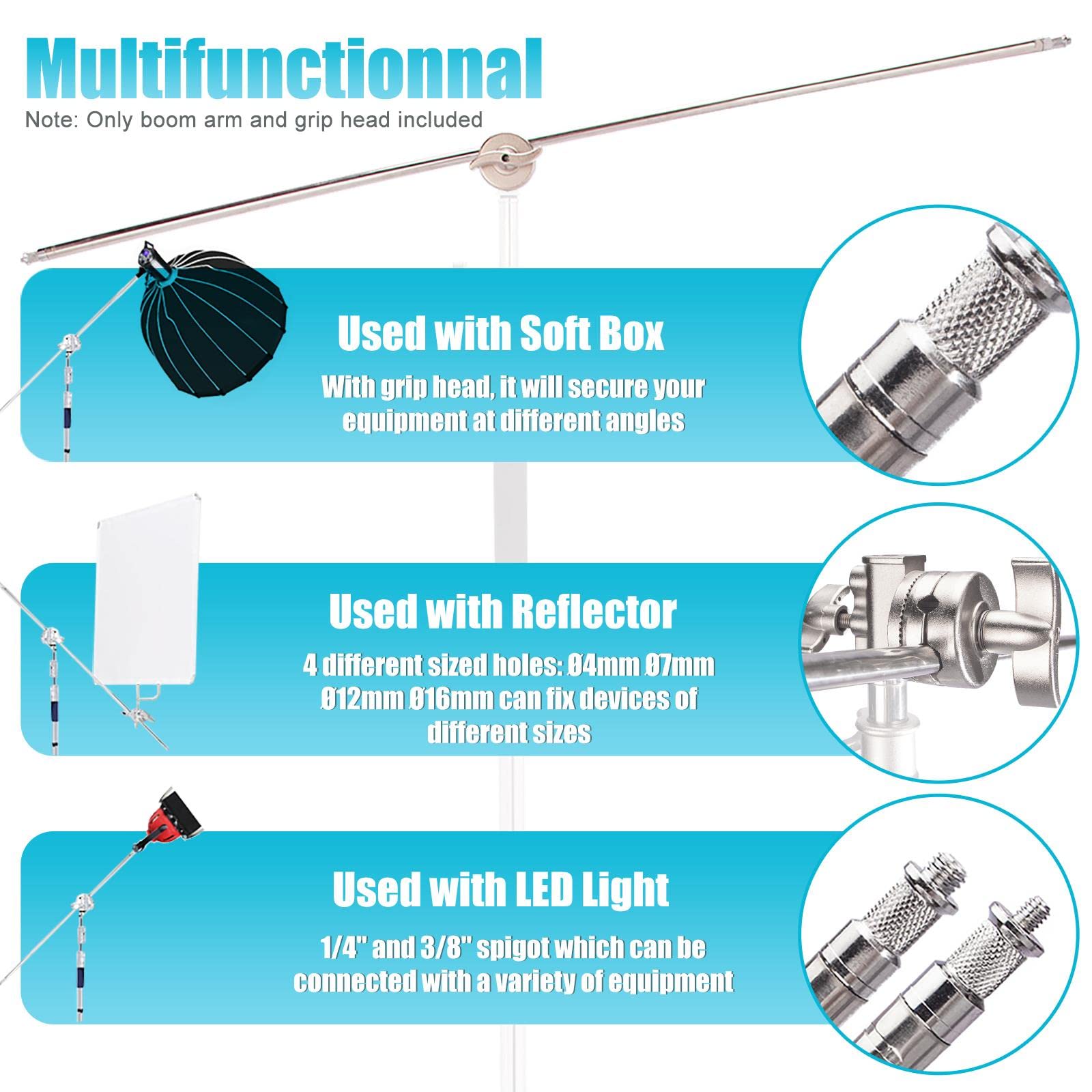 Extension Handle, Boom Arm With Handle Heads, 50 Inch Heavy Duty C Standard Arm Solid Clamp For Light Stand, Softbox, Reflector Panel, Photography, Video Studio Lighting, Stainless Steel - View #2