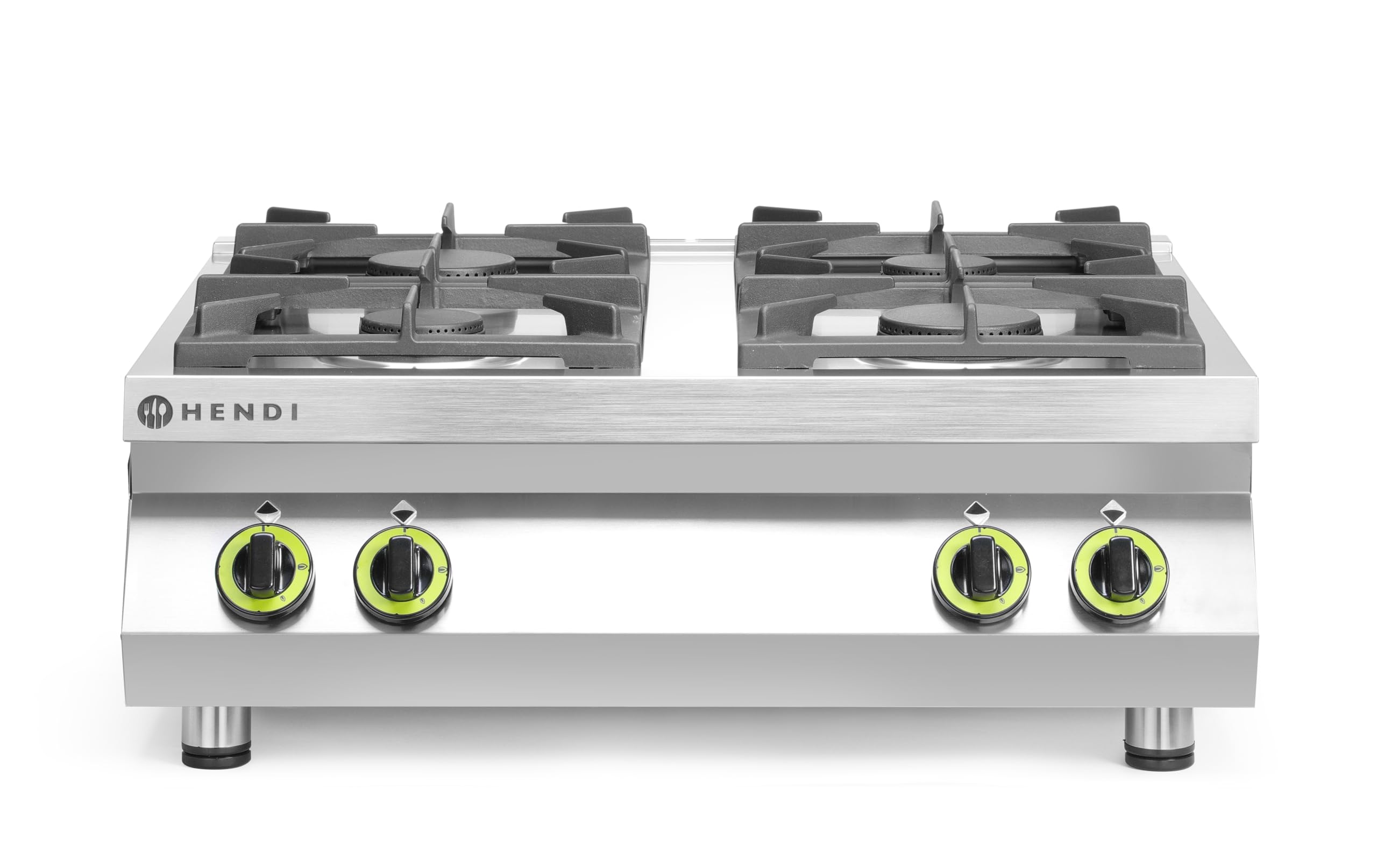 HENDI Gazinière, 4 brûleurs : 2x 6kW - 2x 3.5kW, modèle de table, supports de casseroles en fonte, convient pour le gaz naturel, avec kit de conversion pour le GPL, 19kW, 800x700x(H)310mm, inox