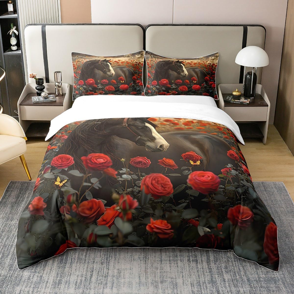 Feelyou Horse Bedding Set Queen, Galloping Horse Duvet Cover 100% Cotoon Rose Horse Comforter Cover for Kids Toddler Black Horse Bedspread Cover Kids Room Decor Bedclothes