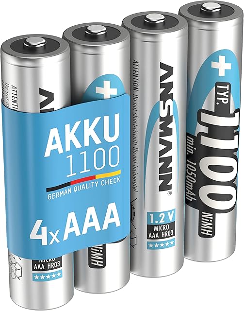 ANSMANN 5035232 AAA Rechargeable Batteries [Pack of 4] 1100 mAh NiMH High Capacity AAA Type Size Battery, Argento