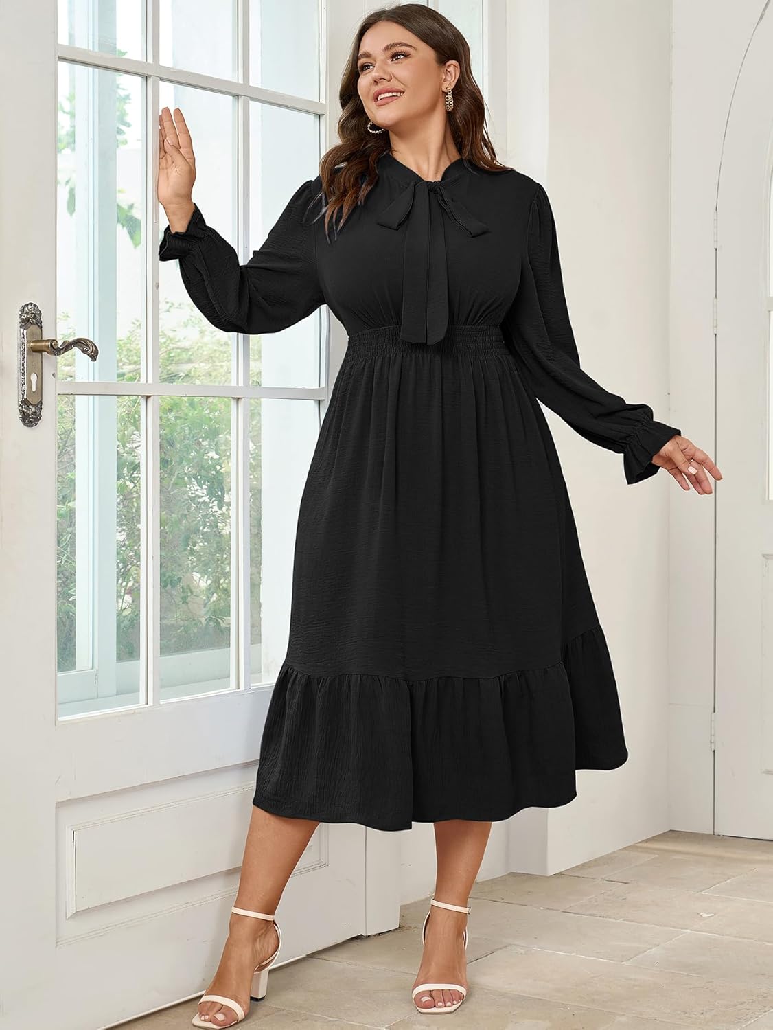 SCOMCHIC Womens Plus Size Midi Dress Flowy A Line Bow Tie Swing Dress Formal Work Party Cocktail Dresses for Wedding Guest - Image 2