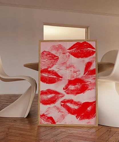 Miniatura 4 de Red Lips Poster 70s Retro Wall Art Print featuring bold lipstick kiss marks arranged in a pop art style for nostalgic vintage bedroom or living room