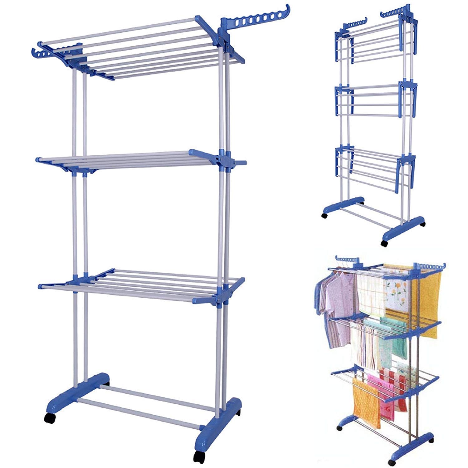 EWORLD Carbon Steel Full Size Heavy Duty Double Pole 3 Layer Cloth Drying Stand, Laundry Rack Stand (Blue)