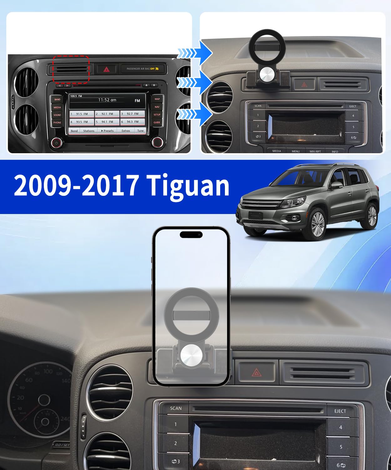 Samochodowy uchwyt na telefon do Volkswagen Tiguan 2009-2017 akcesoria samochodowe, uchwyt na telefon komórkowy kompatybilny z MagSafe, obrót o 360°, bez użycia rąk, nie wpływa na