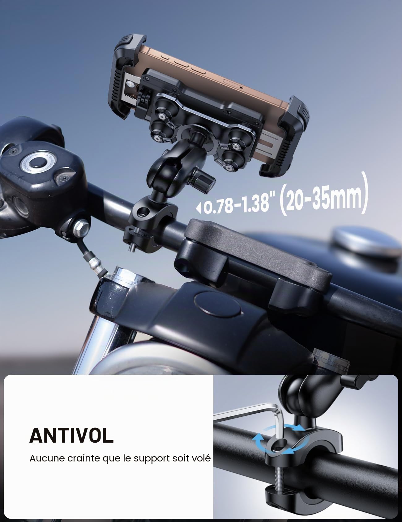 Lamicall Support Téléphone Moto Antivol Double Anti-Vibration Bras Extension Métal pour Guidon Vélo 360° Pivotant iPhone 16 15 14 4,7-6,7"