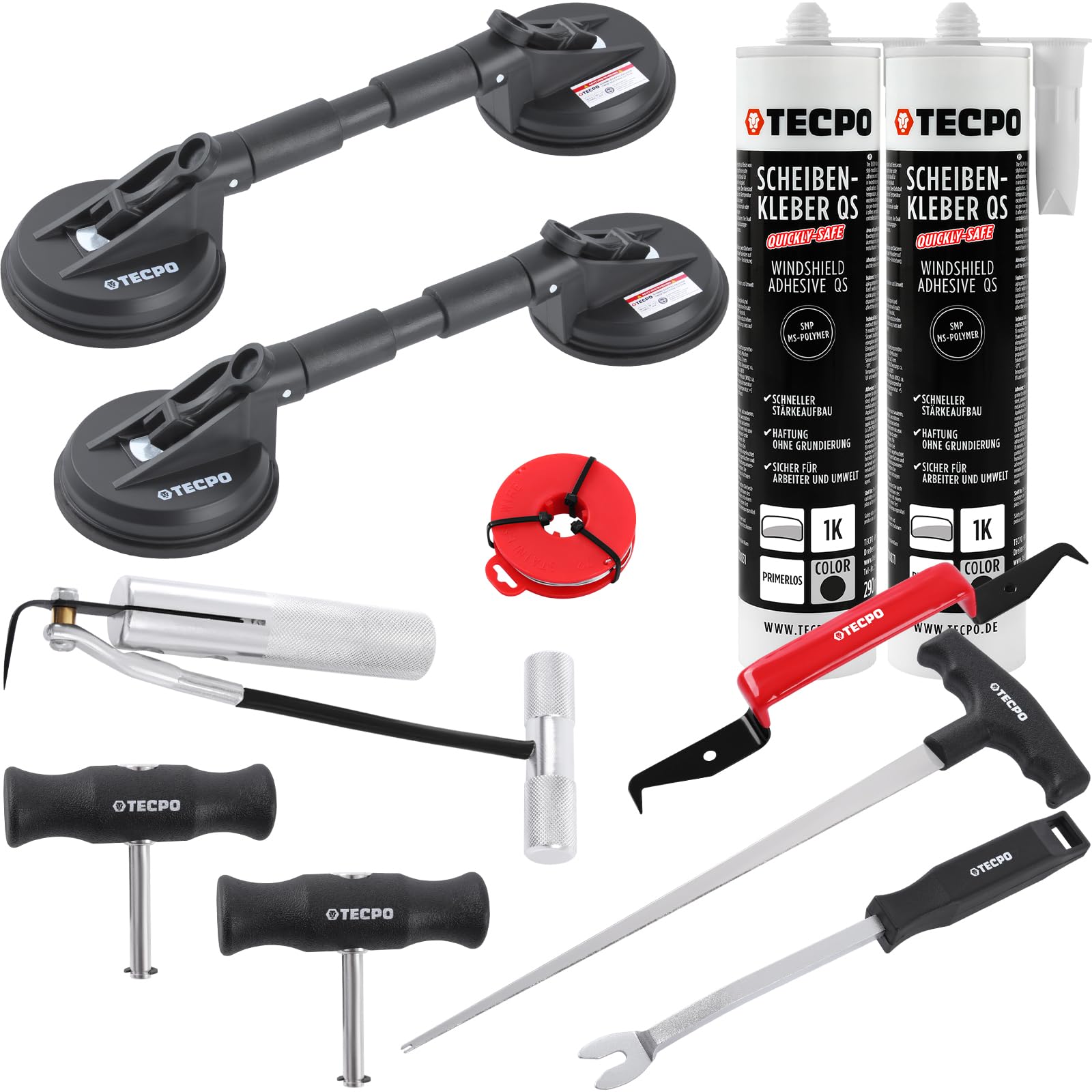 TECPO Juego de montaje de parabrisas, herramienta de reparación de cristales para coche, 2 elevadores de succión dobles, 2 x adhesivos para parabrisas, 290 ml, polímero MS sin imprimación, con