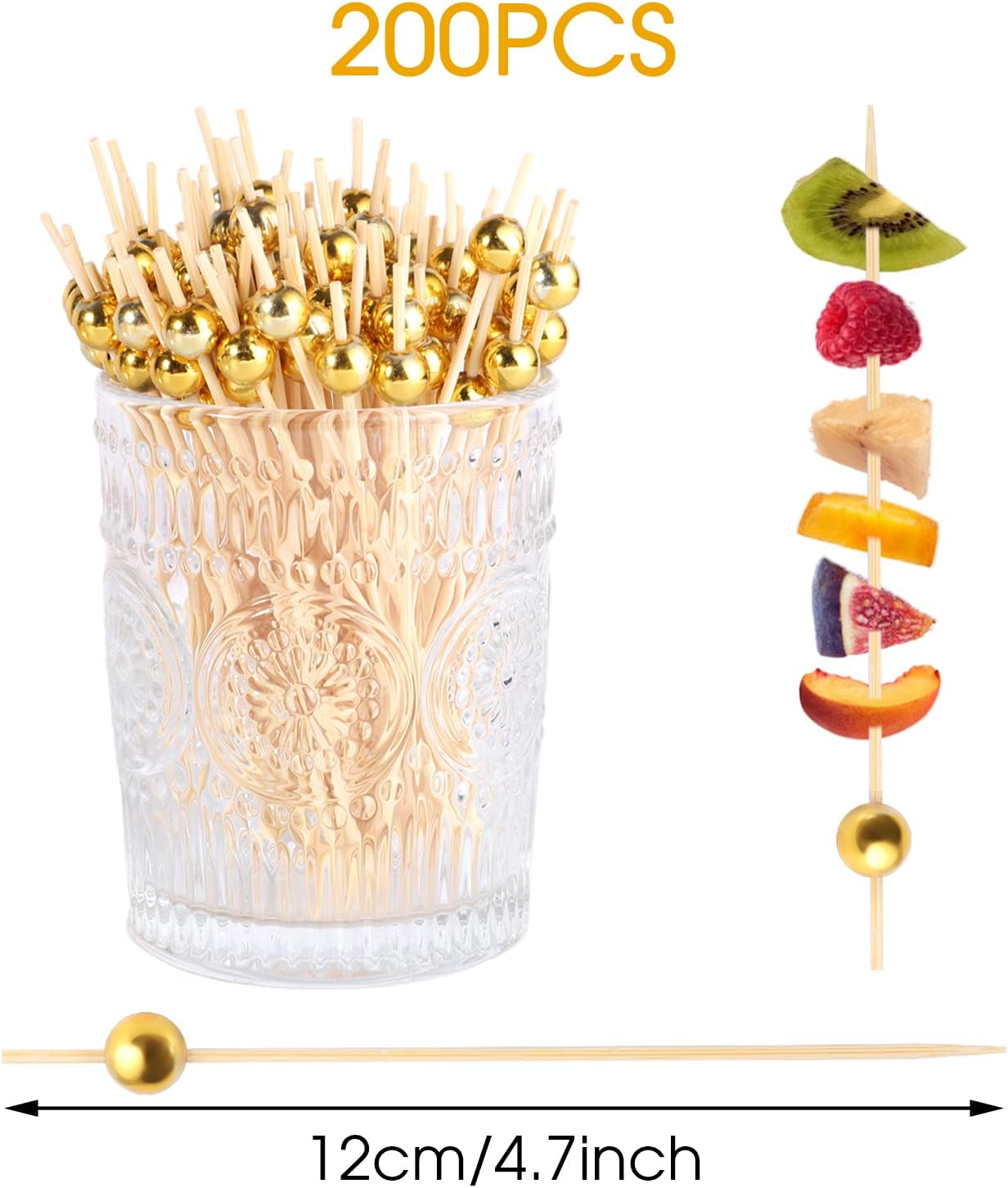 200 Pcs Cocktail Picks, 4.7 Inch Bamboo Appetizer Skewers, Gold Pearl