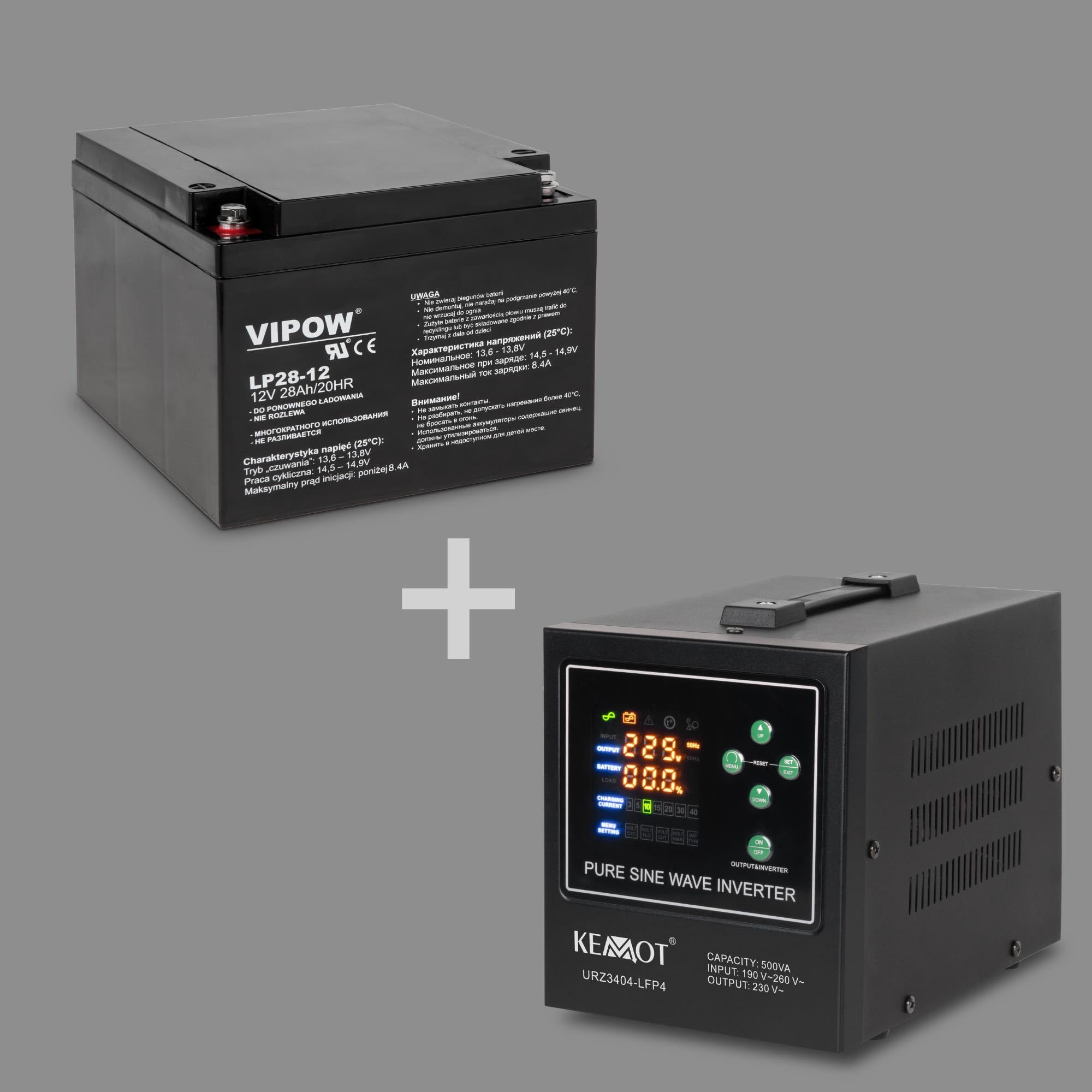 KEMOT Zasilacz Awaryjny PROsinus-500-LFP4 Przetwornica z Czystym Przebiegiem Sinusoidalnym i Funkcją Ładowania 12V 230V 500VA/300W