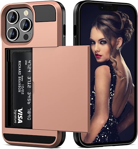 Vofolen Funda para iPhone 13 Pro Max, cartera para tarjeta de crédito, ranura de identificación, puerta corrediza, bolsillo oculto, para hombres y