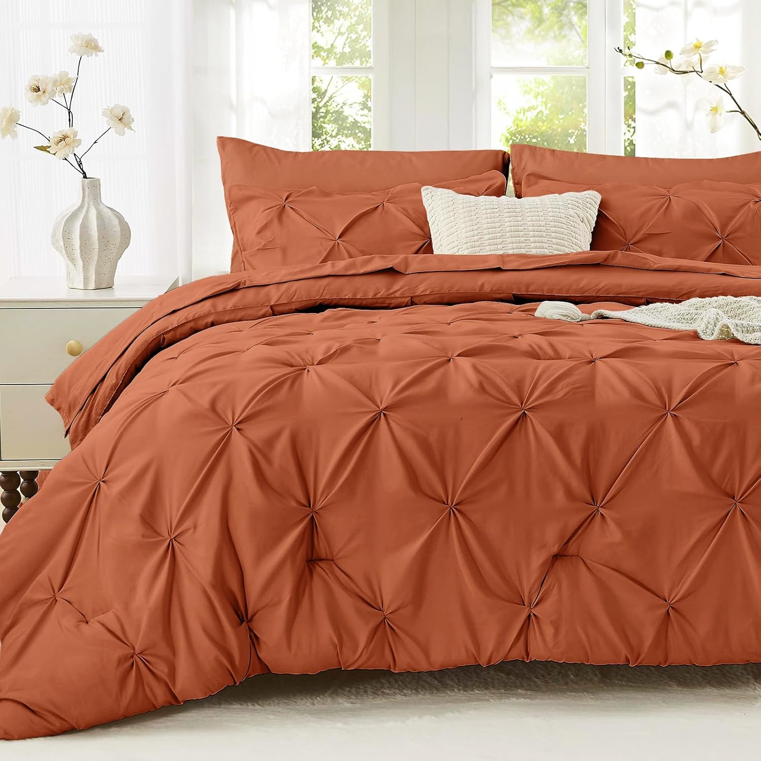 Sasttie Queen Comforter Set, 7-Piece Bed in a Bag, Pintuck Bedding Sets for All Season, Includes Comforter, Flat Sheet, Fitted Sheet, Pillowcases and Pillowshams, Burnt Orange