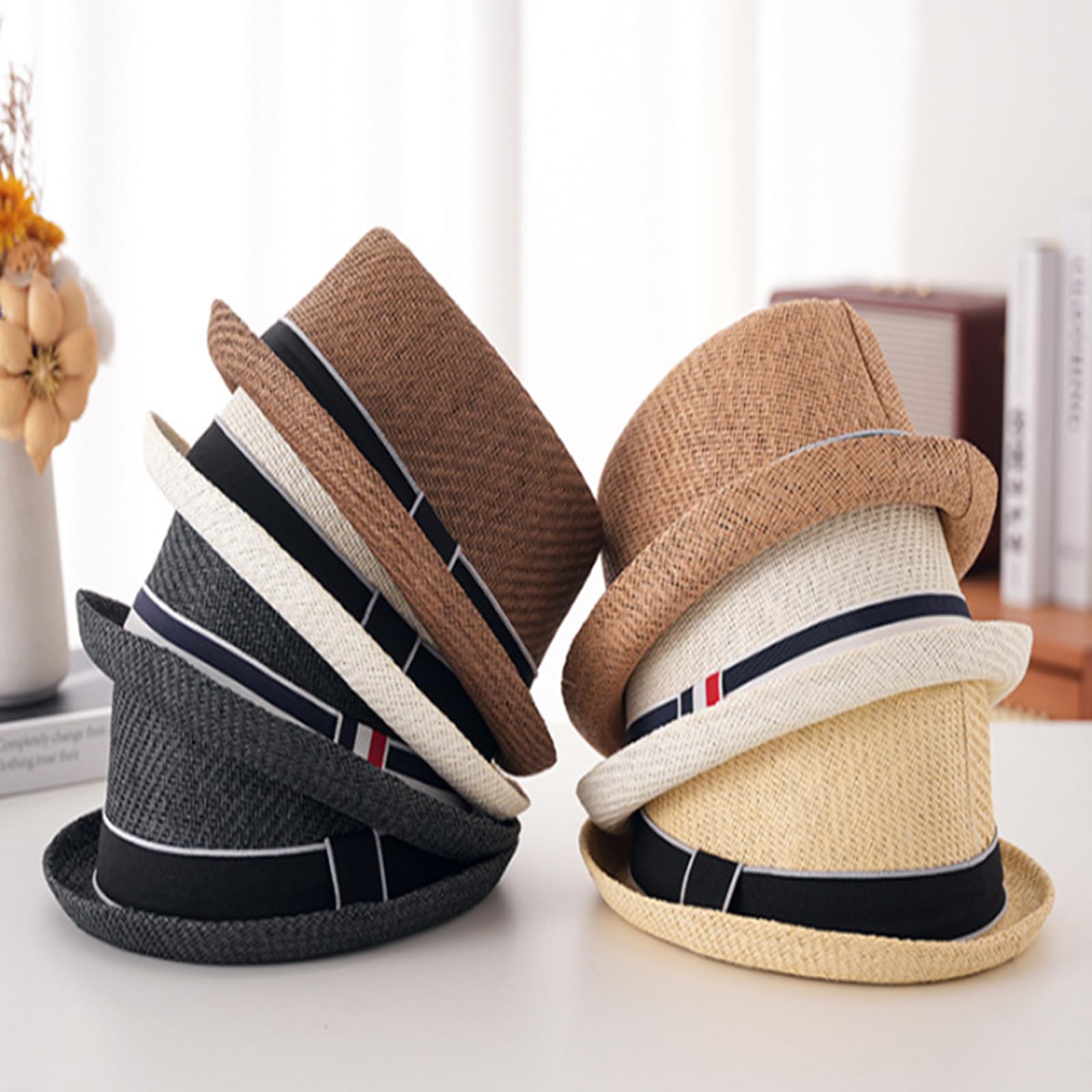 HEYANN Pork Pie kapelusz słomkowy, męski kapelusz pork Pie Fedora 58 cm, letni kapelusz dla mężczyzn i kobiet, Bowler Flat Top ochrona przed słońcem, klasyczny kapelusz
