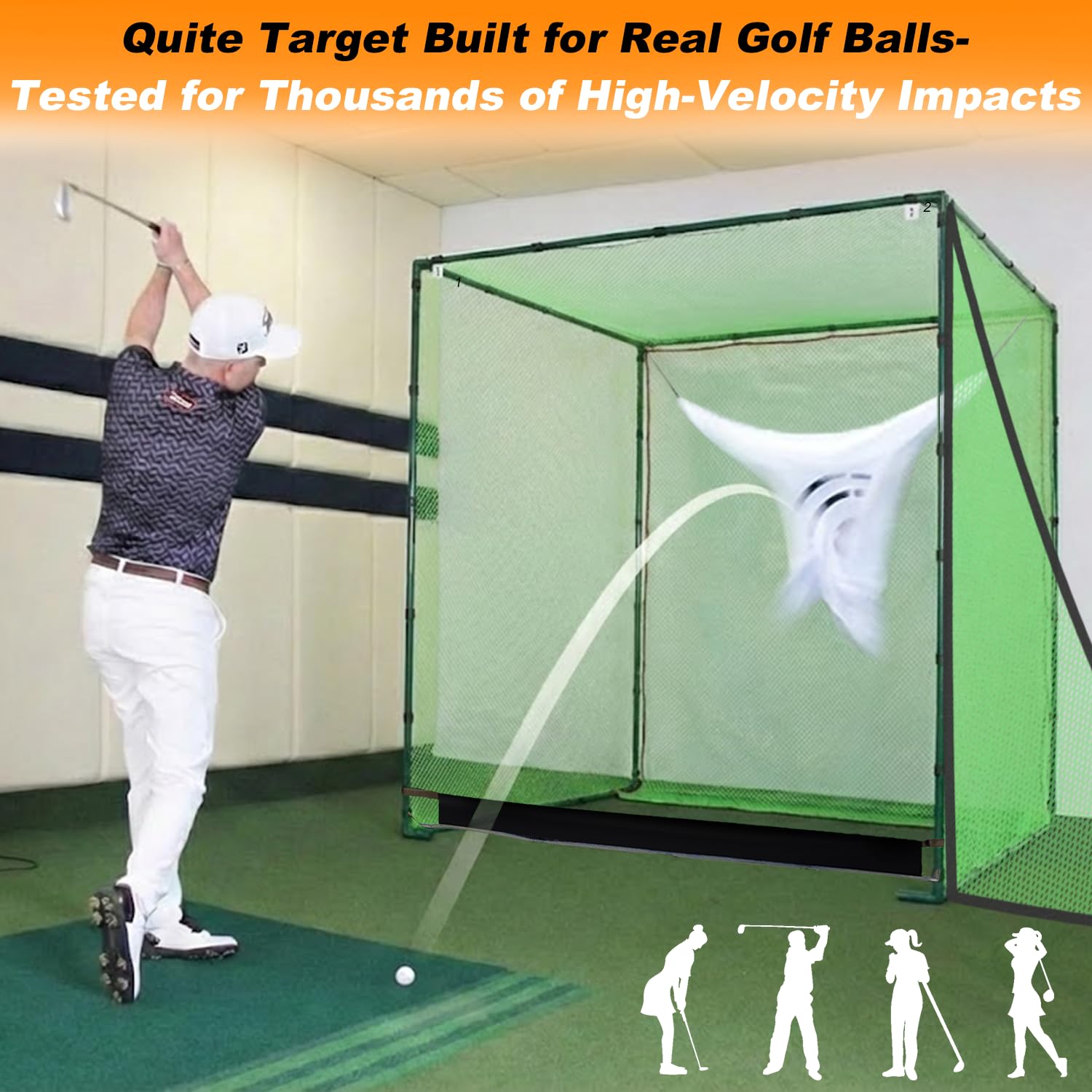 Galileo - Red de golf para entrenamiento de conducción, doble tope trasero con objetivos de ayuda al entrenamiento, red de retorno automático de bolas para jardín, 2,1 x 2,1 x 2,1 x 2,1 m, interior