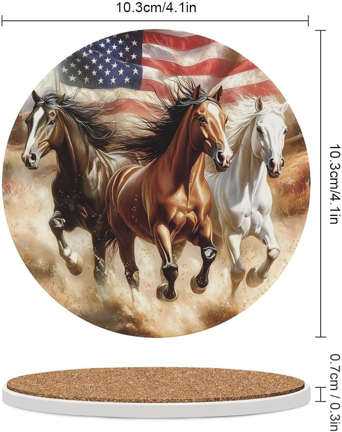 Horses Running U.S. Flag Funny Round Ceramic Coasters for Drink Absorbent Cup Holders Tabletop Protection