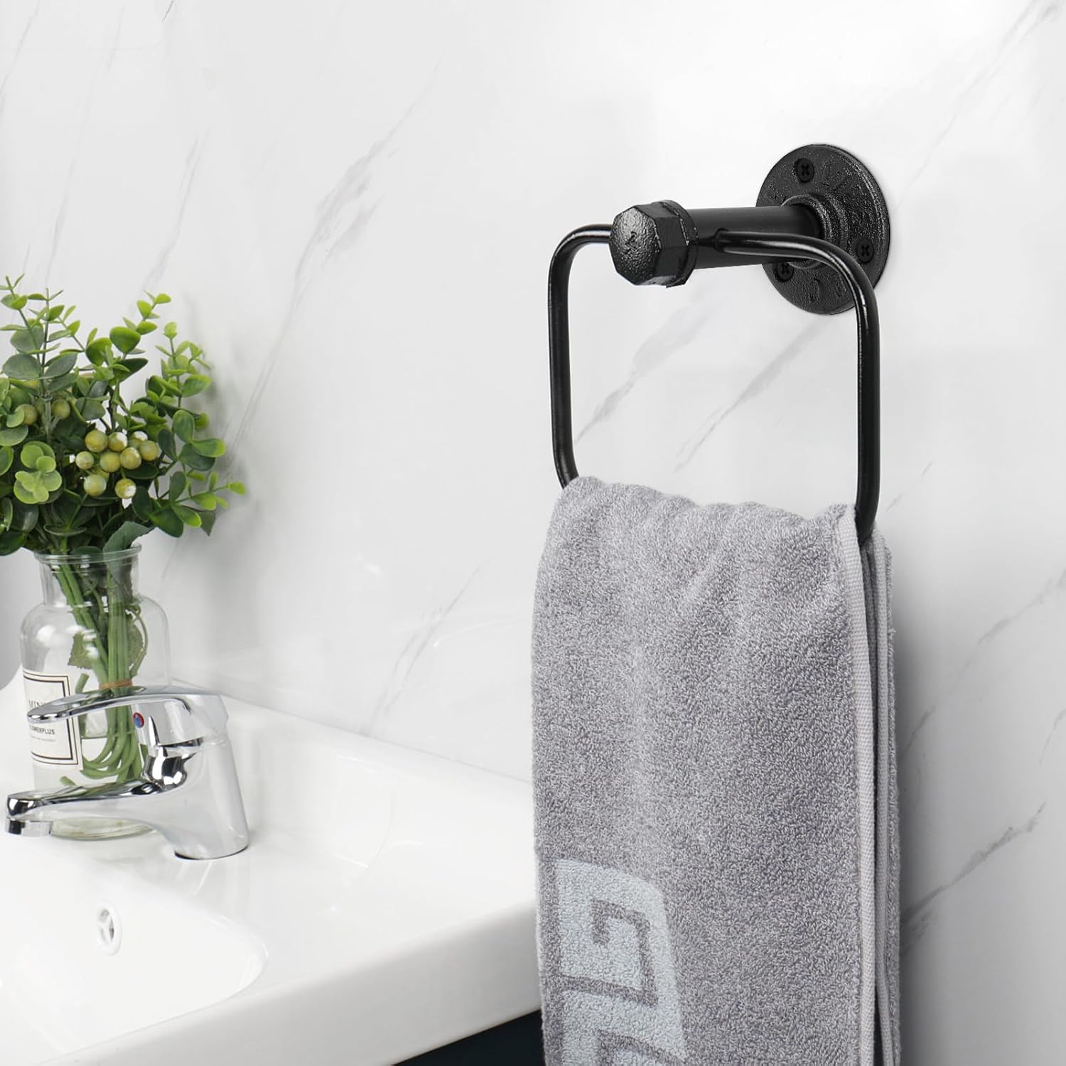 NearMoon 4 Pieces Industrial Pipe Bathroom Hardware Set, Include 18 Inch Towel Bar, Towel Ring, Toilet Paper Holder and Robe Hook, Heavy Duty Rustic Iron Decor Wall Mounted Accessories Kit (Black)
