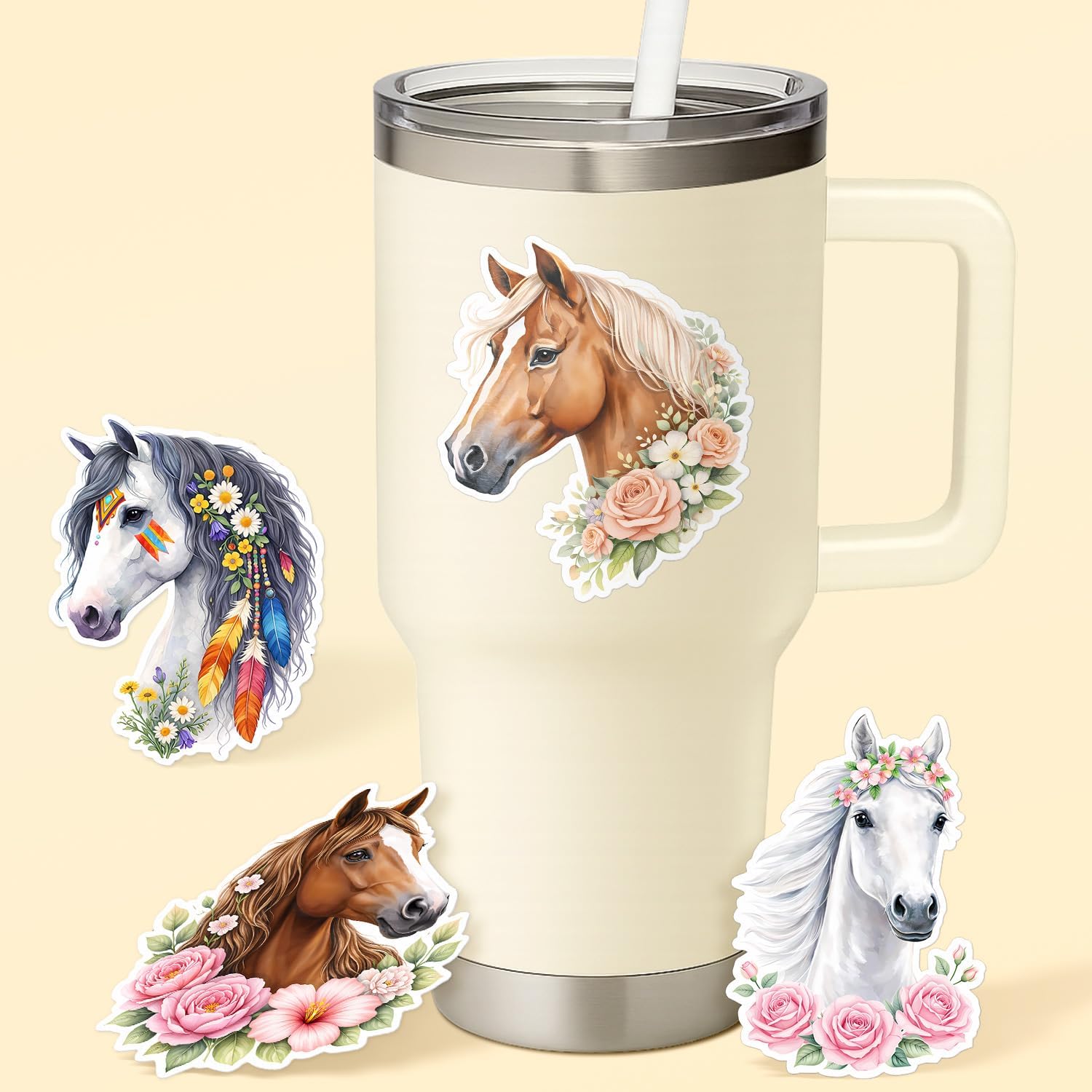(4Pcs) Horse Stickers – Waterproof UV DTF Vinyl Horse Decals for Water Bottles, Laptops & Journals – Floral Horse Stickers for Girls, Horse Lovers & Equestrian Decor Accessories