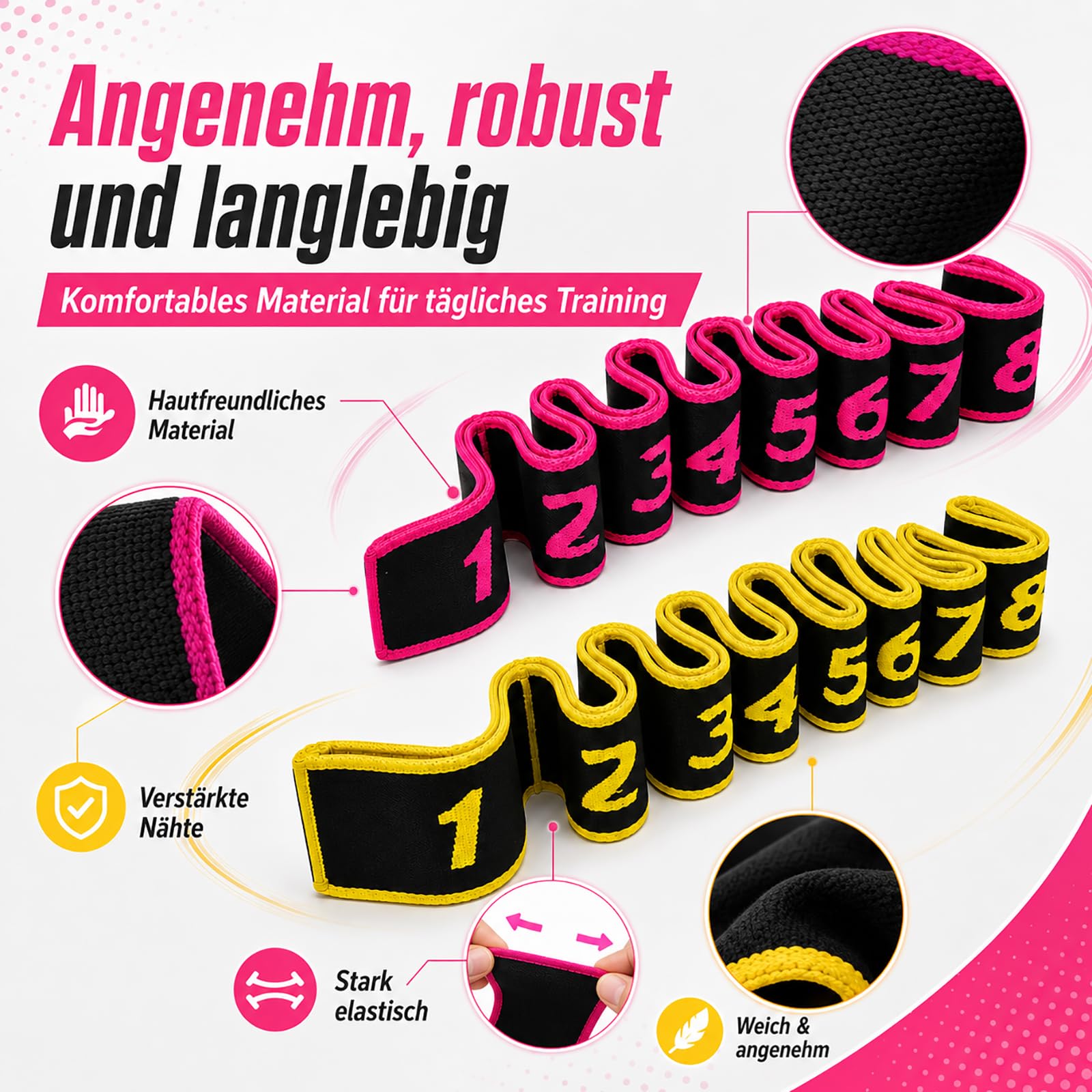 2 Pezzi Fascia Elastica per Yoga, Fasce Elastiche di Resistenza, Bande di Allenamento per Ginnastica, Fascia Esercizio Regolabile con Più Anelli, per Fitness, Danza, Ginnastica (Rosa+Giallo)