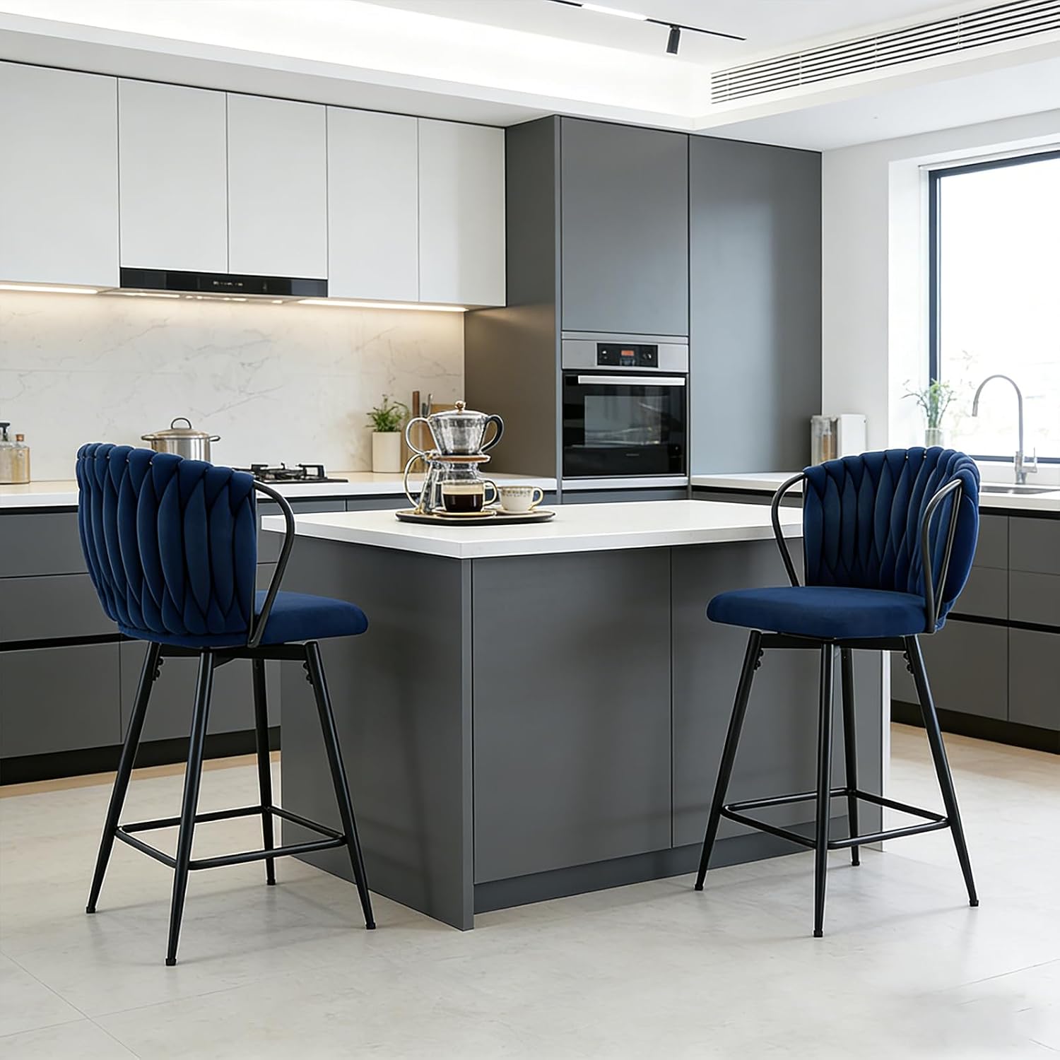 mikibama Velvet Woven Bar Stools Set of 2 Blue,Kitchen Island Stools w/Metal Leg,360°Swivel Counter Height Stools with Comfortable Back for Dining Room,Pub.