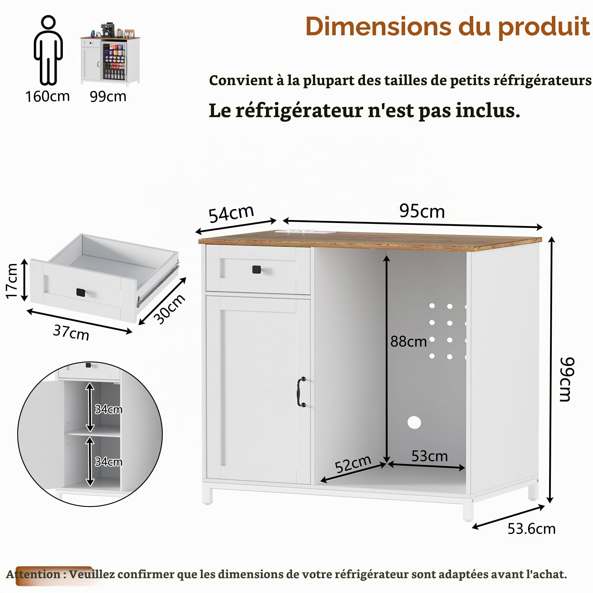 MSFE 2en1 Buffet Cuisine avec Multiprises, Support pour Mini Frigo avec Meuble de Rangement, Meuble Cuisine avec Tiroir et Portes pour Salle à Manger Salon Dortoir Bureau 95x53.6x99 cm, Blanc