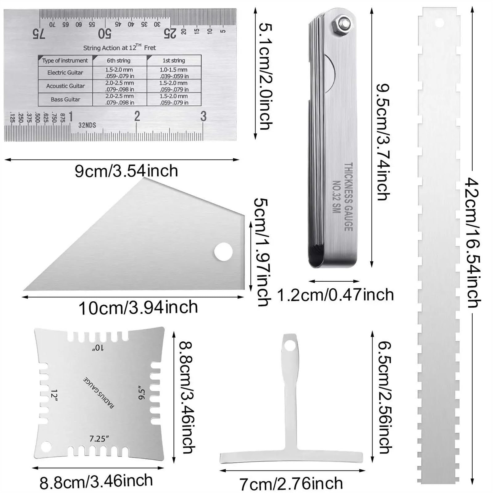 Kit Di Strumenti Di Misurazione Per Liutaio Di Chitarra Set Di Righelli Per L'azione Delle Corde Calibro Per Raggio Sottocorda Strumenti Per La Riparazione Della Chitarra Acciaio Inossidabile