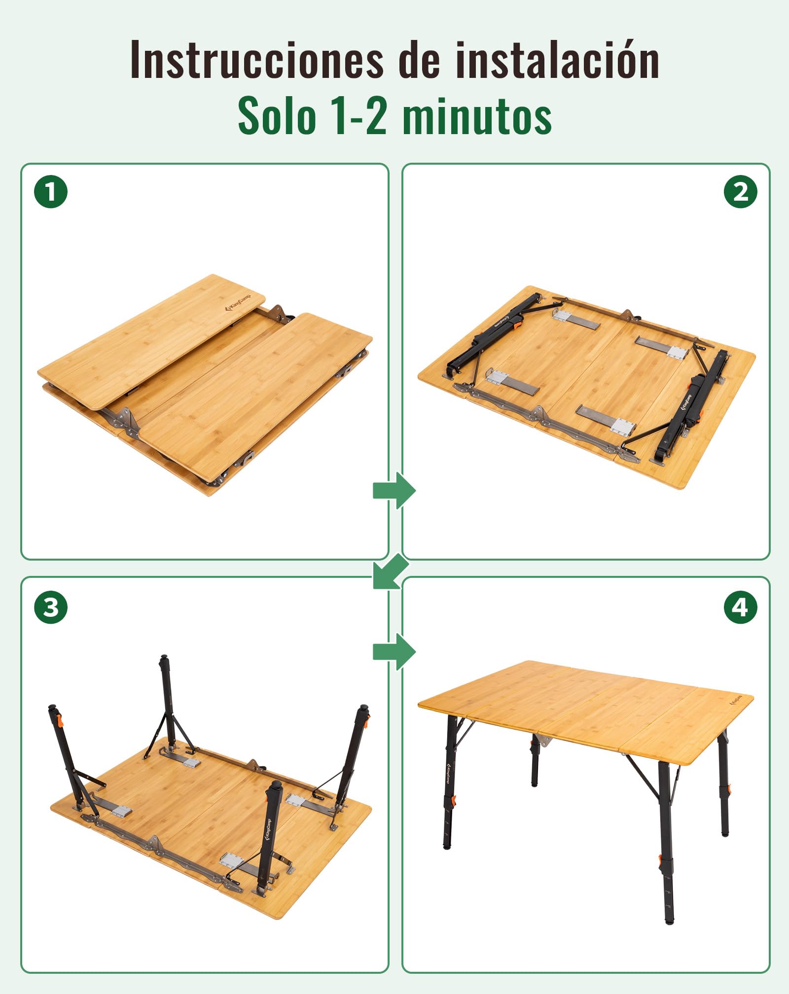 KingCamp Mesa de Camping de bambú, 100 x 70 cm, Mesa Plegable de Mesa de Comedor, Altura Ajustable, Marco de Aluminio para Camping al Aire Libre