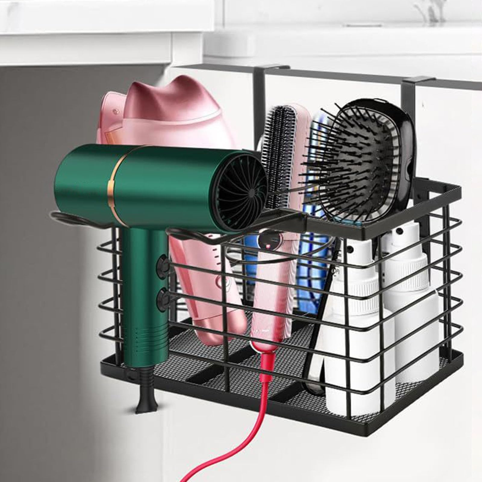 Support de sèche-cheveux réglable en hauteur 3 en 1 pour porte d'armoire de rangement pour sèche-cheveux, fers plats, baguettes à friser