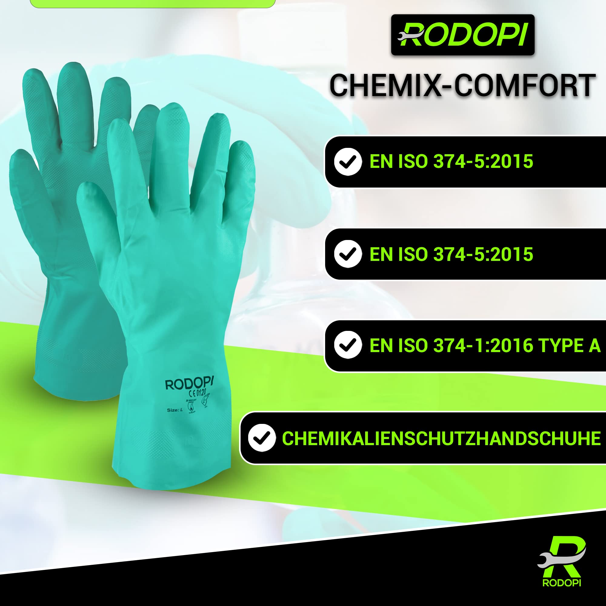 RODOPI CHEMIX-Comfort Gummihandschuhe für Herren und Damen Putzhandschuhe aus Nitril Chemikalienschutzhandschuhe EN ISO 374-1:2016 Type A Schutzhandschuhe (120 Paar, 9)