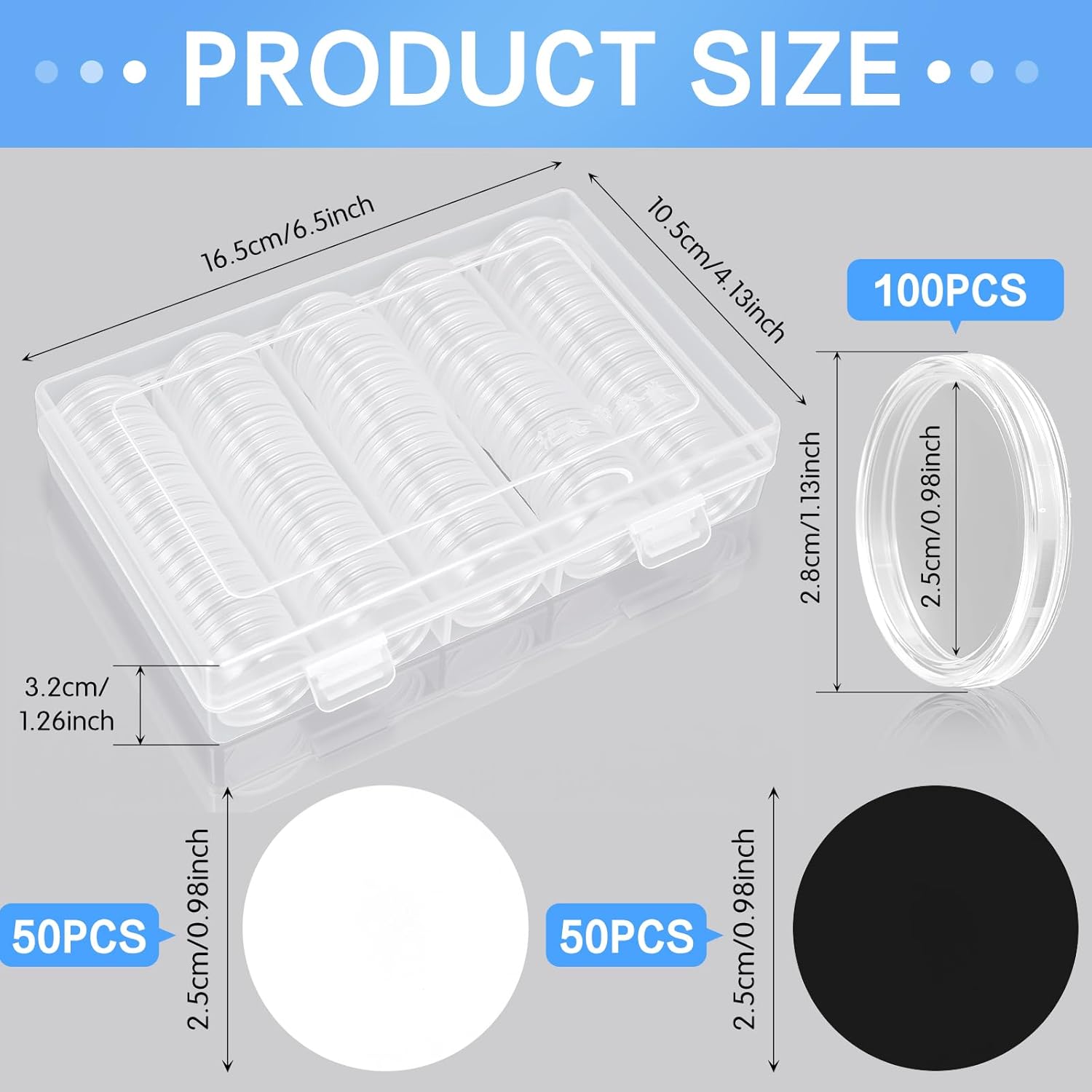 AceOrbit 100 Pcs NFC 215 Round Cards with 100 Coin Card Protector Case Programmable 25mm Blank NFC215 Coin Tags Compatible with Most NFC Phones and Devices, with Large Storage Box (White, Black)