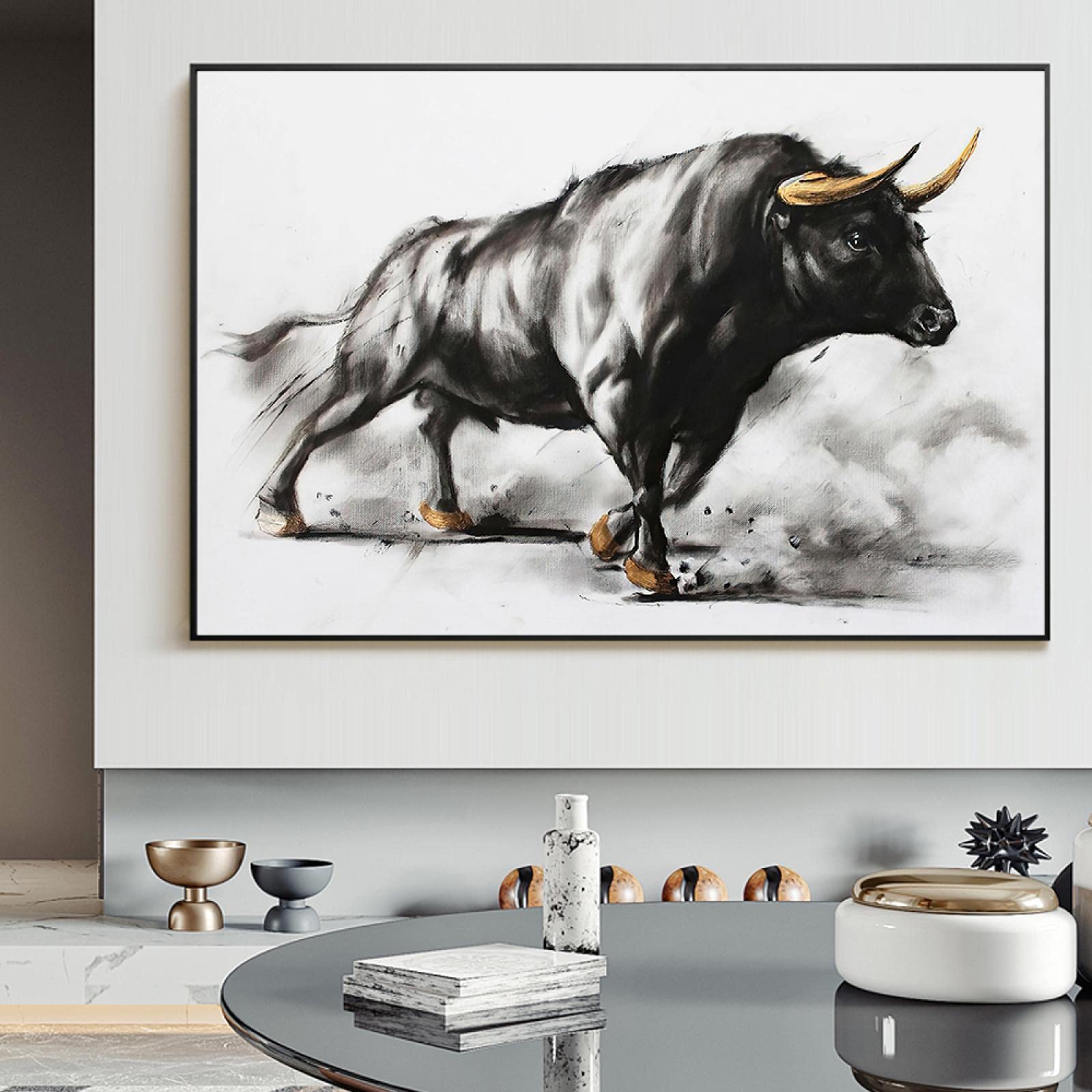 Xinmei Art Animal Toro Negro Lienzo Pintura Corrida de toros Carteles e impresiones Escandinavo Arte de la pared Imágenes Sala de estar Decoración para el hogar 60x95cm (24x37in) con marco negro